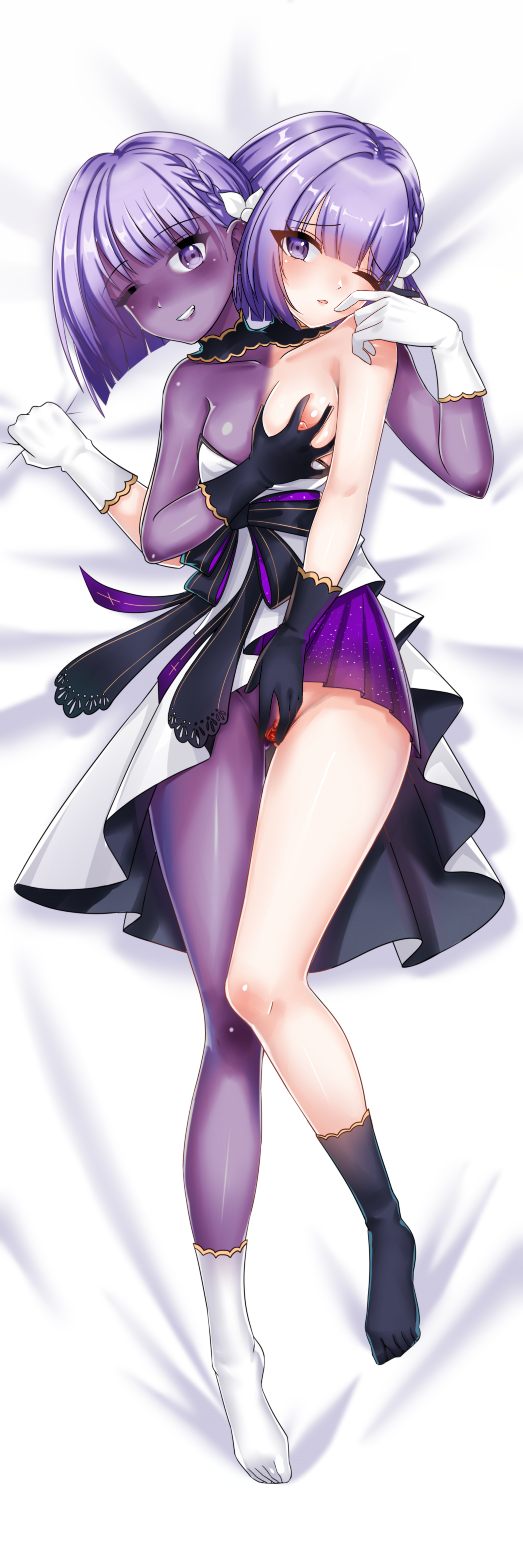 xuecheng, original, absurdres, highres, incredibly absurdres, blush, colored skin, conjoined, groping, multiple heads, on bed, purple skin, selfcest, white skin, yuri