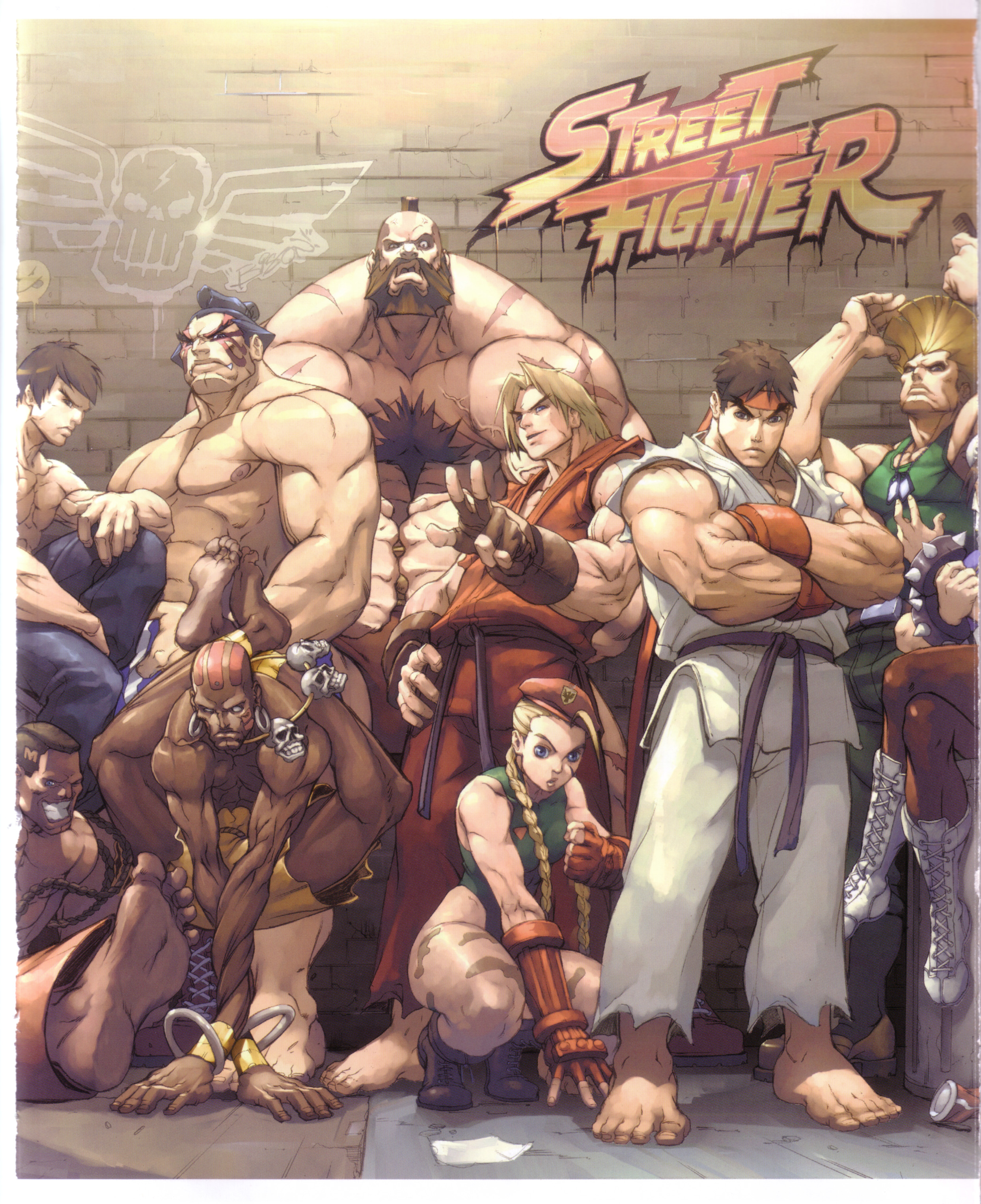 alvin lee, udon entertainment, cammy white, chun-li, dee jay, dhalsim, e. honda, fei long, guile, ken masters, ryu (street fighter), zangief, capcom, street fighter, street fighter i, street fighter ii (series), street fighter zero (series), street fighter zero i, brown legwear, cross-laced footwear, absurdres, highres, official art, scan, 1990s (style), 2girls, 6+boys, :d, abs, adjusting hair, anklet, antenna hair, arm support, armor, arms up, bald, barefoot, beard, belt, beret, black hair, blonde hair, body hair, bodypaint, boots, bracelet, braid, breasts, brown hair, brushing hair, bun cover, can, chest hair, clenched hand, comb, combat boots, copyright name, crossed arms, crossed legs, dark skin, dog tags, dougi, earrings, everyone, facial hair, facial mark, feet, fingerless gloves, flattop, flexible, flexing, frown, gauntlets, gloves, graffiti, grin, hair over shoulder, hand on own hip, hat, headband, height difference, highleg, highleg leotard, holding, holding own arm, hoop earrings, japanese clothes, jewelry, legs up, leotard, lips, long hair, looking at viewer, martial arts belt, medium breasts, military, military uniform, mohawk, multiple boys, multiple girls, muscular, necklace, nipples, no pupils, open mouth, outdoors, pants, pantyhose, paper, retro artstyle, road, rope, sash, scar, shorts, sitting, skull, skull necklace, sleeveless, smile, soles, spiked bracelet, spikes, spread legs, squatting, standing, street, tank top, tattoo, thick eyebrows, topless male, torn clothes, trash can, twin braids, v, very long hair