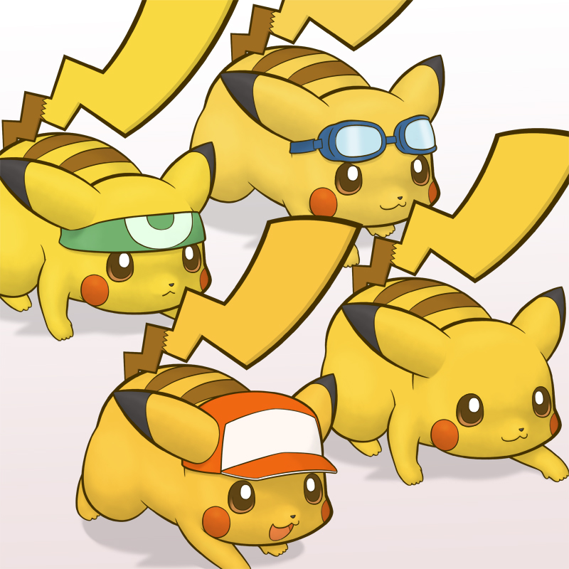 tsuji, piakchu, pikachu, nintendo, pokemon, super smash bros., bad id, bad pixiv id, :<, :3, alternate costume, baseball cap, clothed pokemon, gen 1 pokemon, goggles, hat, headband, male focus, no humans, pokemon (creature), pokemon focus, too many, too many pikachu, trucker hat