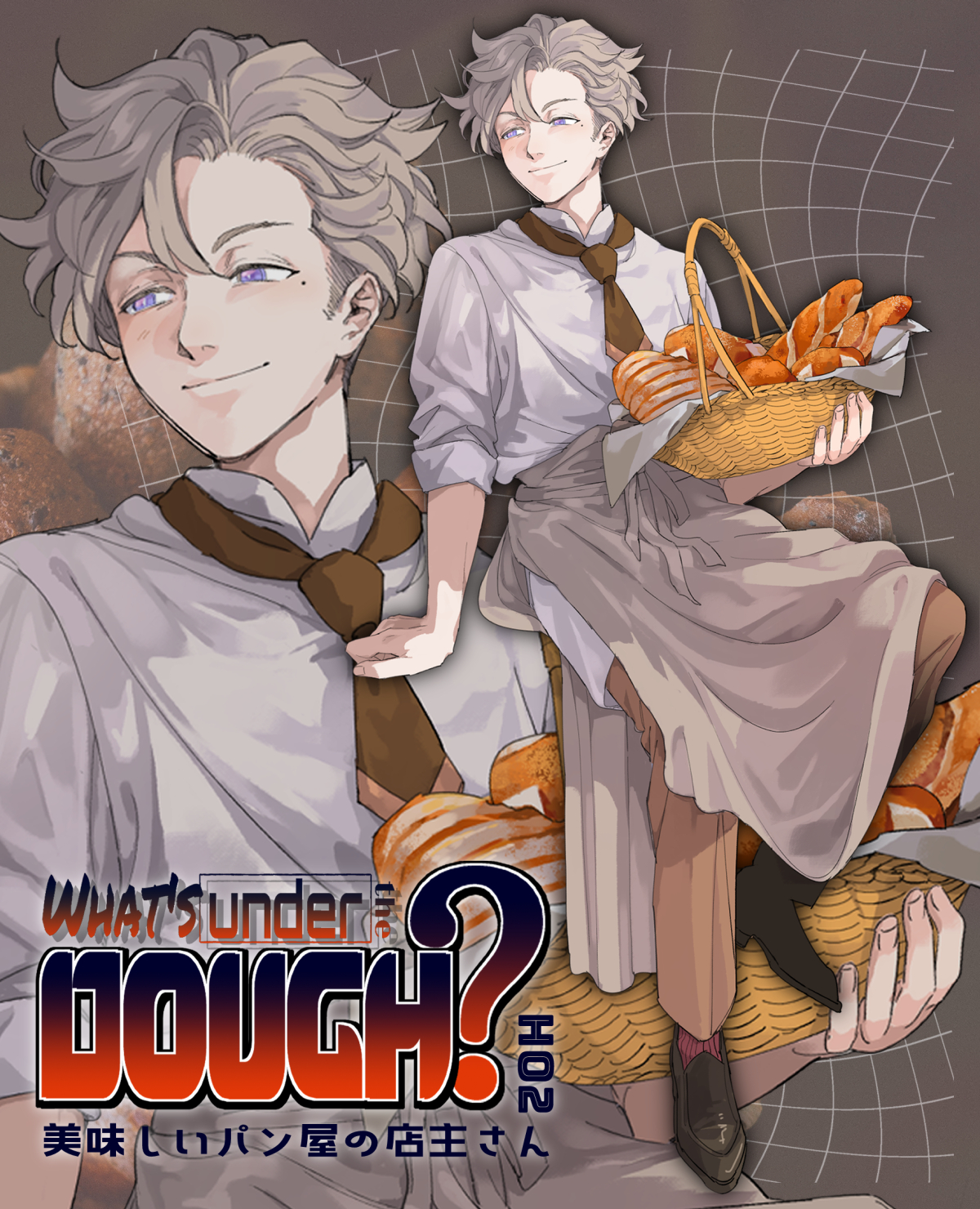 original, commentary, commentary request, english commentary, highres, mixed-language commentary, translation request, 1boy, ano amesuke, apron, basket, black shoes, blue eyes, brown pants, full body, grey hair, holding, holding basket, invisible chair, male focus, mole, mole under eye, pants, shoes, sitting, waist apron, zoom layer