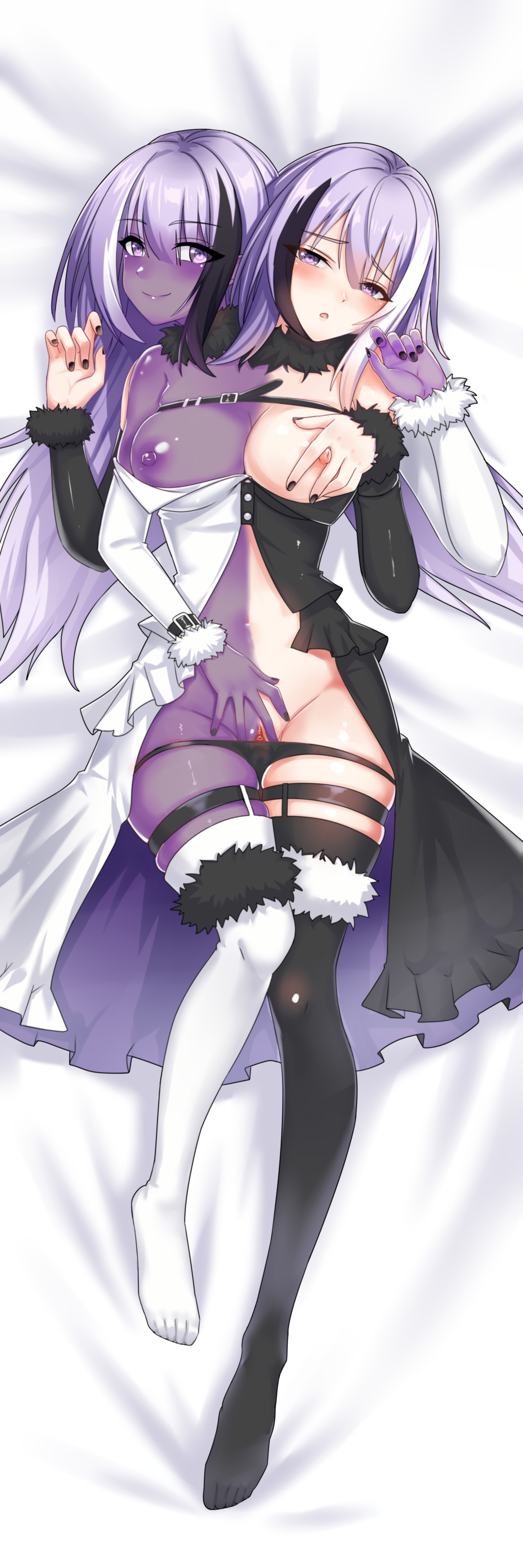 xuecheng, original, absurdres, highres, incredibly absurdres, blush, colored skin, conjoined, extra arms, multiple heads, on bed, purple skin, selfcest, white skin, yuri