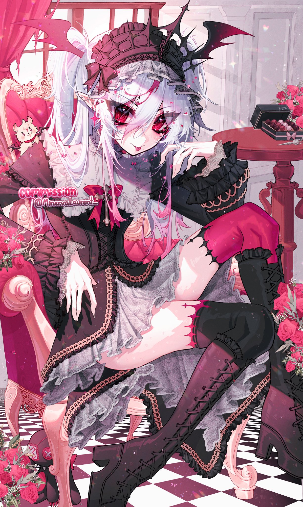 indie virtual youtuber, commentary, commission, english commentary, highres, 1girl, armchair, black boots, black dress, black headdress, black thighhighs, boots, chair, double-parted bangs, dress, ear piercing, flower, full body, gradient hair, grey hair, hair between eyes, hair ornament, hand up, headdress, hello7692, indoors, knee boots, long hair, long sleeves, looking at viewer, minerva laurent, mismatched thighhighs, multicolored hair, piercing, pointy ears, red eyes, red flower, red rose, red thighhighs, rose, sitting, solo, thighhighs, tongue, tongue out, virtual youtuber