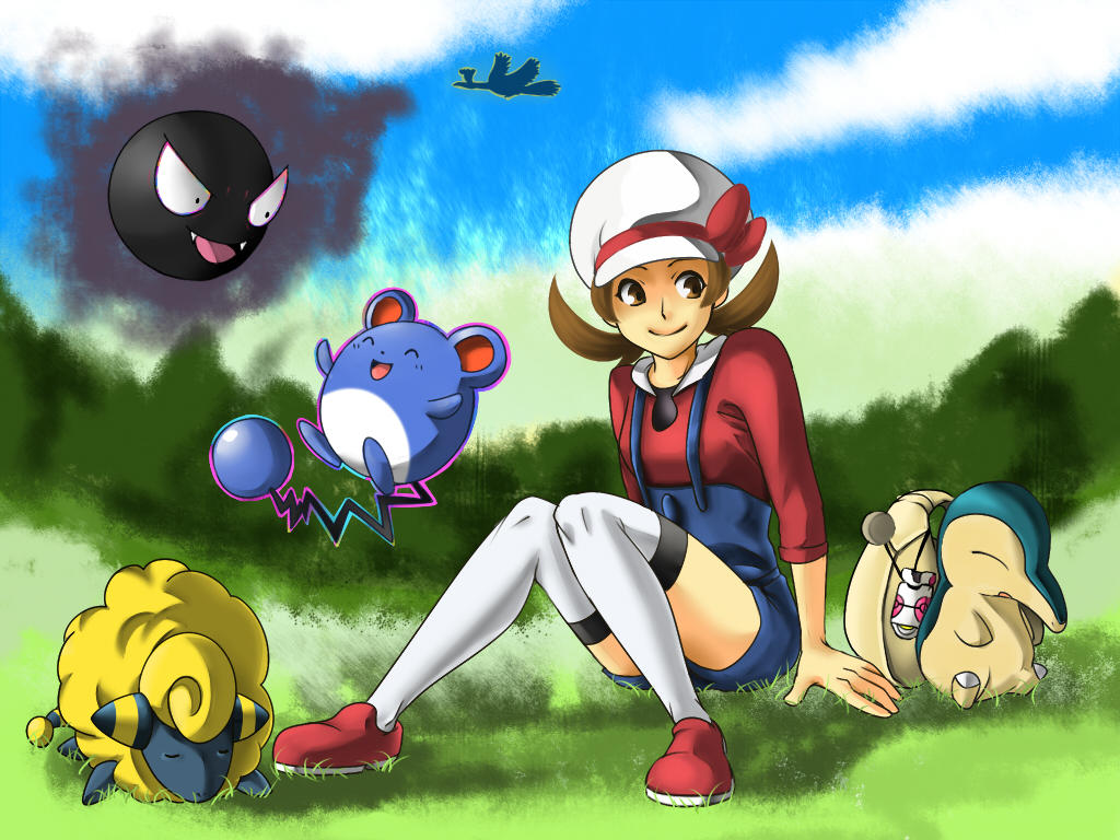 biyorihunter, cyndaquil, gastly, ho-oh, lyra (pokemon), mareep, marill, nintendo, pokemon, pokemon hgss, bad id, bad pixiv id, 00s, 1girl, bag, bird, bow, brown eyes, brown hair, cellphone, flying, gen 1 pokemon, gen 2 pokemon, handbag, hat, hat ribbon, legendary pokemon, loafers, newsboy cap, overalls, phone, pokemon (creature), red ribbon, ribbon, sheep, shoes, short twintails, sitting, smile, tail, thighhighs, twintails, white thighhighs