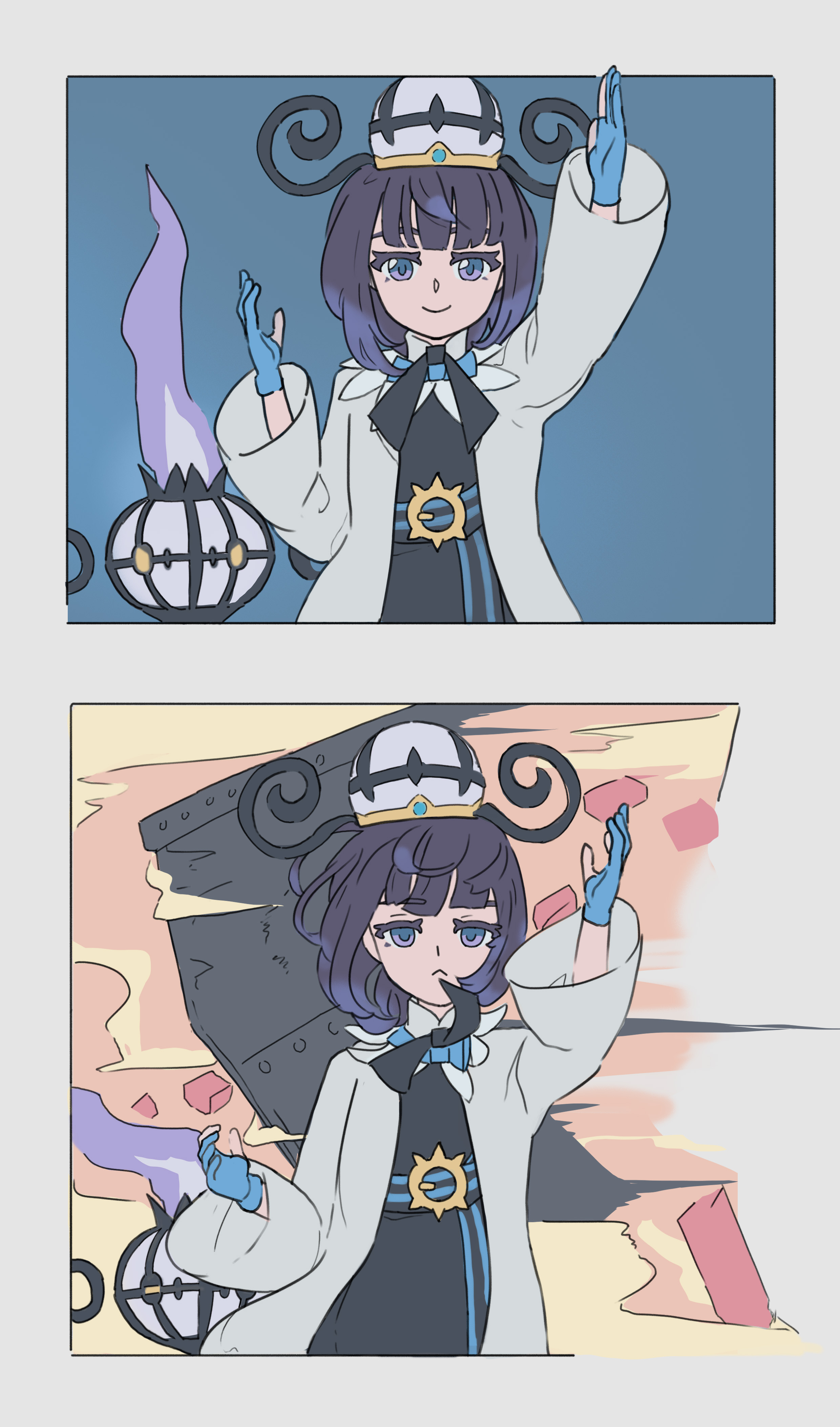 crowsk, chandelure, gwynn (pokemon), nintendo, pokemon, pokemon legends: z-a, absurdres, highres, 1girl, 2koma, :<, arm up, black dress, black ribbon, blue gloves, border, broken, closed mouth, coat, comic, door, dress, empty eyes, explosion, female focus, fire, flat chest, flat color, gen 5 pokemon, gloves, gradient hair, grey border, hand up, happy, hat, long sleeves, looking at viewer, multicolored hair, multiple views, neck ribbon, open clothes, open coat, partially fingerless gloves, pokemon (creature), purple eyes, purple fire, purple hair, ribbon, sash, short hair, smile, standing, straight-on, unamused, upper body, white coat, wide sleeves, wind, yellow eyes