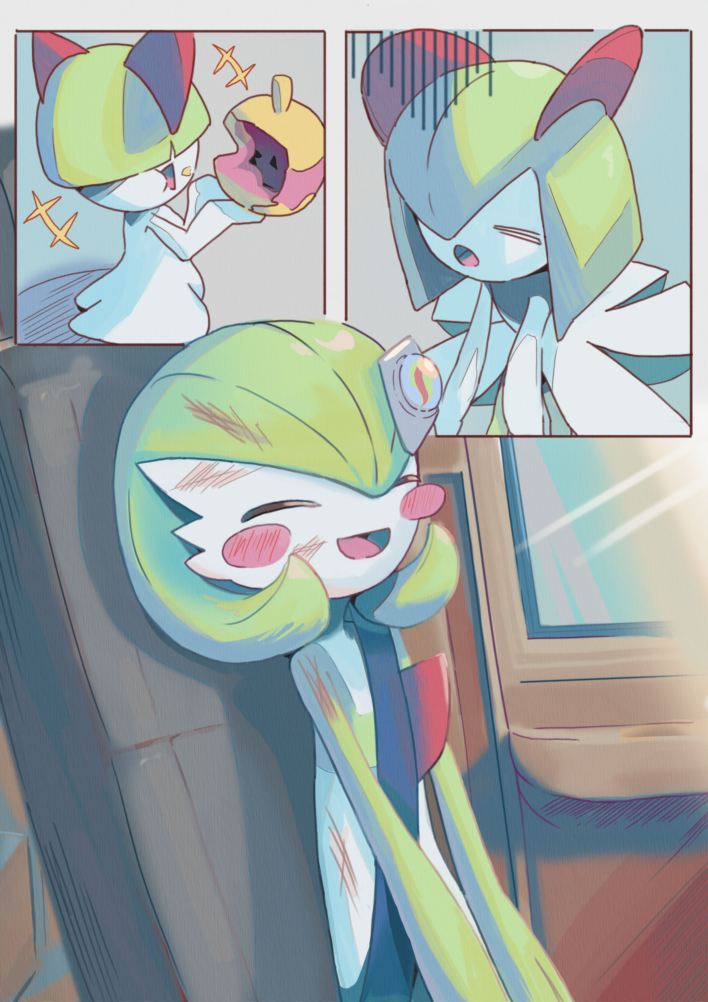 crowsk, gardevoir, kirlia, ralts, nintendo, pokemon, pokemon (anime), poketoon, absurdres, highres, +++, 1girl, :o, = =, ^ ^, age progression, blunt bangs, blush, blush stickers, bob cut, bowl cut, car interior, cheek bulge, chewing, closed eyes, colored skin, eating, female focus, flat chest, food, food bite, fruit, gen 3 pokemon, gloom (expression), green hair, green skin, hair ornament, hair over eyes, hair over one eye, hairclip, hands up, happy, holding, holding food, holding fruit, light rays, medium hair, mega stone, multicolored skin, multiple views, one eye covered, open mouth, pokemon (creature), scratches, seatbelt, short hair, sidelocks, sitting, smile, two-tone skin, v arms, white skin