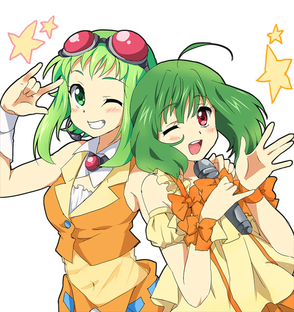 maruki (punchiki), gumi, nakajima megumi, ranka lee, macross, macross frontier, vocaloid, bad id, bad pixiv id, 00s, 2girls, m/, ahoge, blush, bow, crossover, dress, goggles, goggles on head, green eyes, green hair, headset, microphone, multiple girls, one eye closed, red-tinted eyewear, red eyes, seikan hikou, simple background, smile, star (symbol), tinted eyewear, voice actor connection, white background, wink