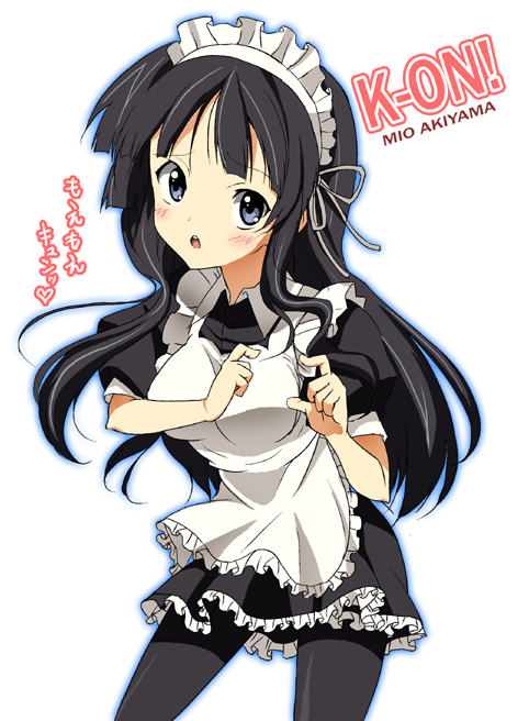 ishigami kazui, akiyama mio, k-on!, bad id, bad pixiv id, 00s, 1girl, alternate costume, apron, black hair, blue eyes, enmaided, female focus, heart, heart hands, long hair, maid, maid apron, maid headdress, moe moe kyun!, pantyhose, solo