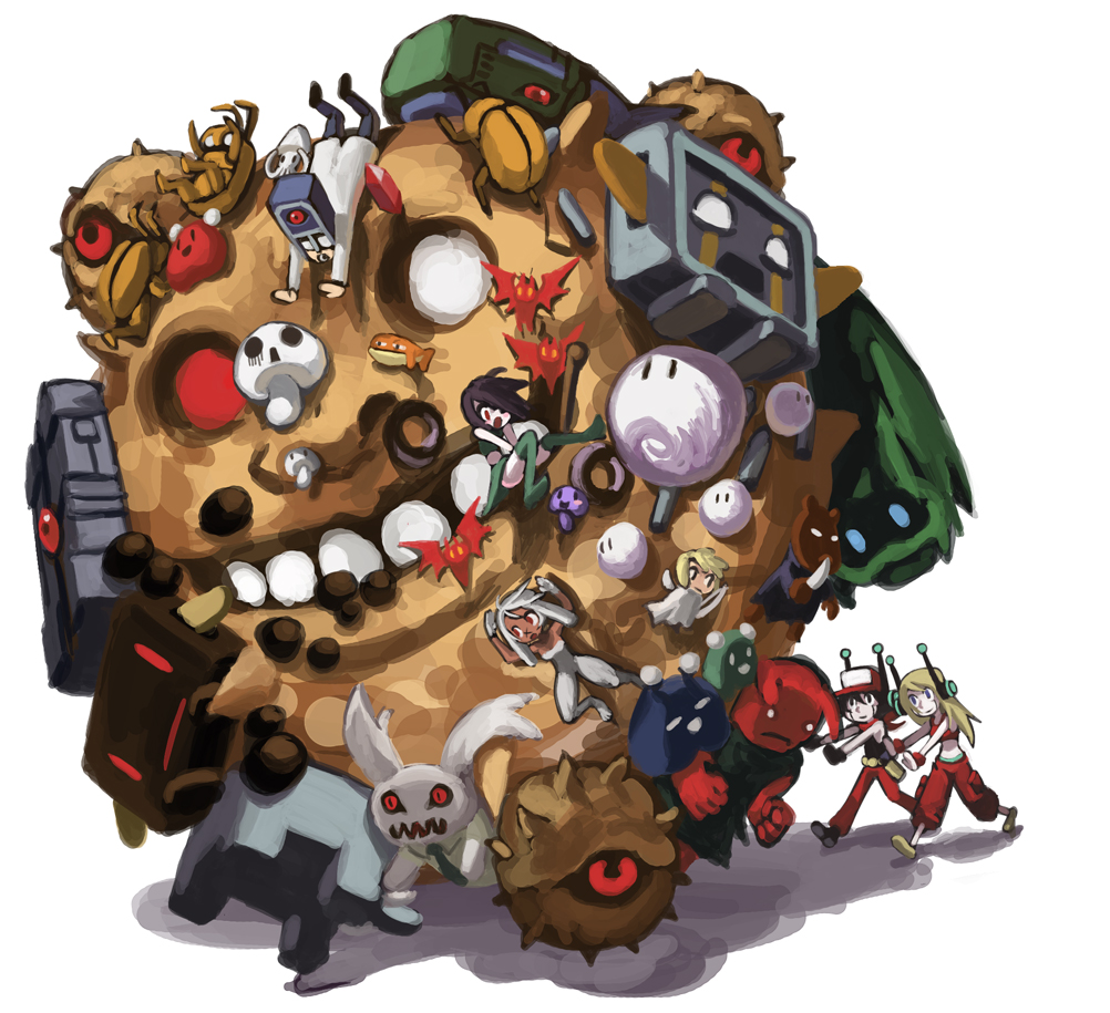 alex ahad, ballos, balrog (doukutsu monogatari), chinfish, curly brace, fuyuhiko date, king (doukutsu monogatari), ma pignon, mimiga, misery, sakamoto sue, doukutsu monogatari, katamari damacy, quote, crossover, mushroom, parody