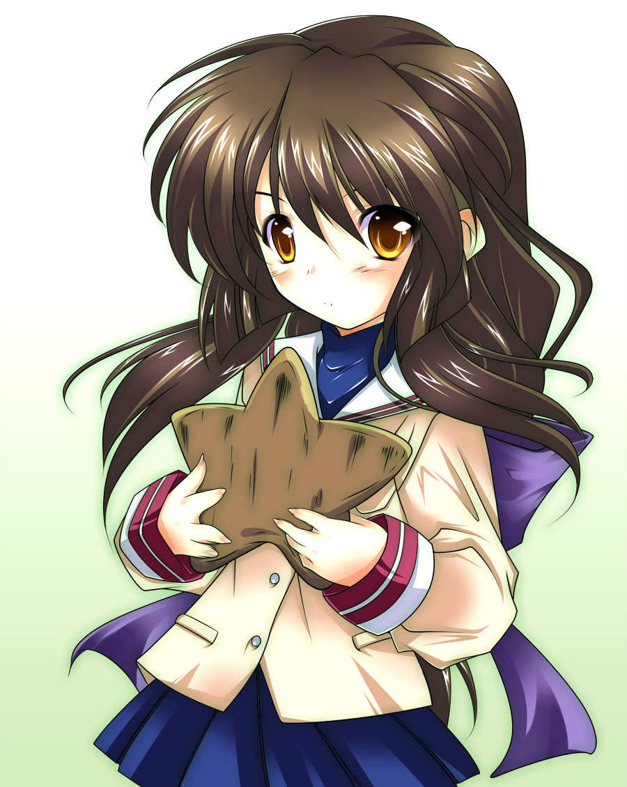 taigi akira, ibuki fuuko, clannad, 00s, 1girl, bad anatomy, bad hands, brown eyes, brown hair, female focus, long hair, poorly drawn, school uniform, solo, starfish