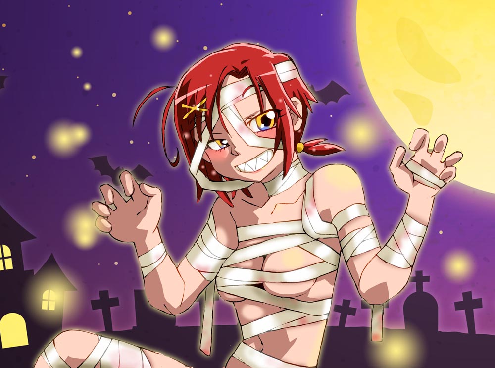 onnaski, hino akane (smile precure!), precure, smile precure!, 1girl, ahoge, animal, bandaged arm, bandaged hand, bandaged head, bandaged leg, bandages, bat (animal), blush, breasts, claw pose, cleavage, collarbone, cross, full moon, graveyard, grin, hair ornament, halloween, halloween costume, haunted house (attraction), house, looking at viewer, medium breasts, moon, mummy, mummy costume, naked bandage, navel, night, night sky, nude, red hair, sharp teeth, short hair, sitting, sky, smile, star (sky), starry sky, teeth, tombstone, upper body, x hair ornament, yellow eyes