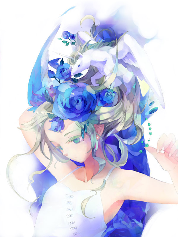 shako, original, bad id, bad pixiv id, blonde hair, camisole, colored eyelashes, eyelashes, flower, pegasus, shouten pegasus mix mori, solo