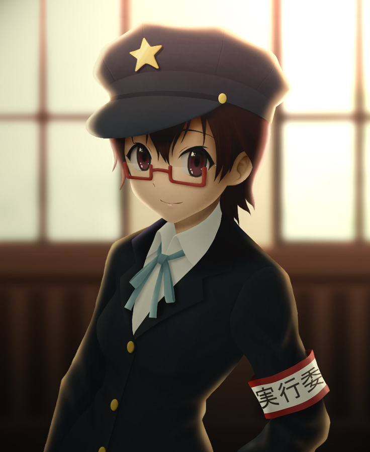 siraha, manabe nodoka, k-on!, bad id, bad pixiv id, 00s, 1girl, armband, brown eyes, brown hair, female focus, glasses, hat, peaked cap, red-framed eyewear, ribbon, semi-rimless eyewear, short hair, solo, under-rim eyewear