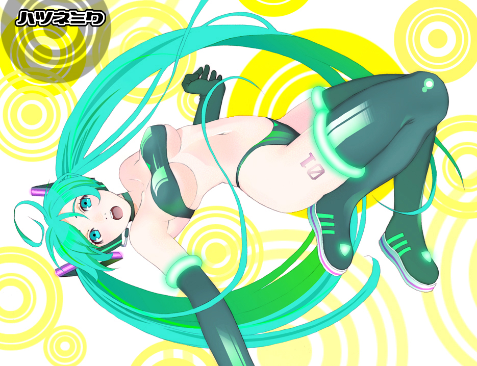 giru, hatsune miku, vocaloid, bad id, bad pixiv id, 1girl, bikini, black bikini, boots, breasts, female focus, green eyes, green hair, long hair, matching hair/eyes, medium breasts, solo, swimsuit, thigh boots, thighhighs, twintails, underboob, very long hair