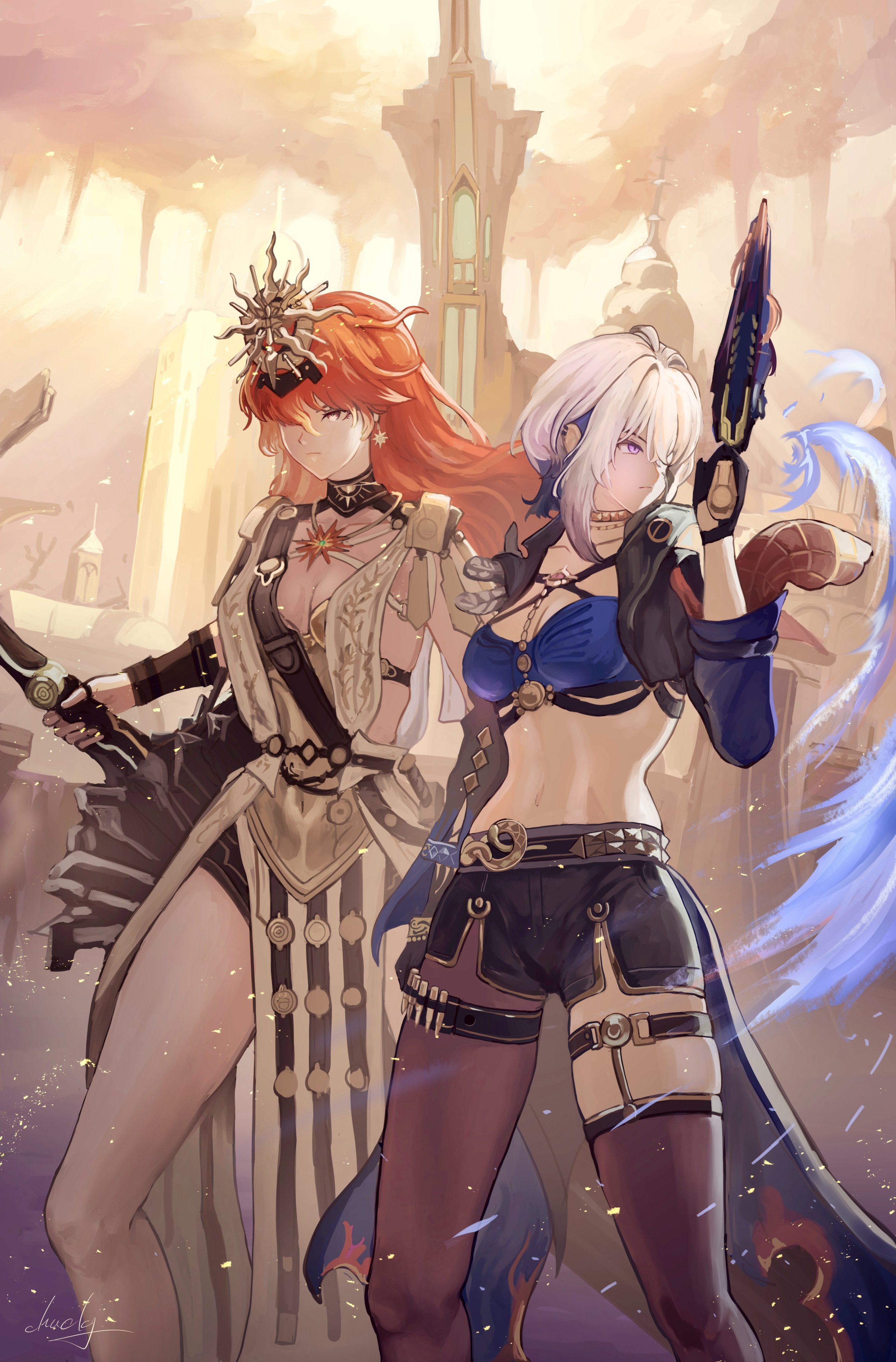 chucky (chucky1000sun), augusta (wuthering waves), galbrena (wuthering waves), wuthering waves, absurdres, commentary request, highres, 2girls, ancient greek clothes, armor, black gloves, black jacket, black pantyhose, black shorts, black thighhighs, blue bra, bra, breastplate, breasts, cleavage, closed mouth, cropped jacket, dress, earrings, gloves, gold choker, greatsword, greco-roman clothes, grey hair, gun, hand up, headgear, holding, holding gun, holding sword, holding weapon, jacket, jewelry, medium breasts, medium hair, multiple girls, navel, orange hair, orange sky, outdoors, pantyhose, purple eyes, red eyes, shorts, sidelocks, single glove, single leg pantyhose, single thighhigh, sky, stomach, sun earrings, sun necklace, sword, thigh strap, thighhighs, thighs, underwear, weapon, white dress