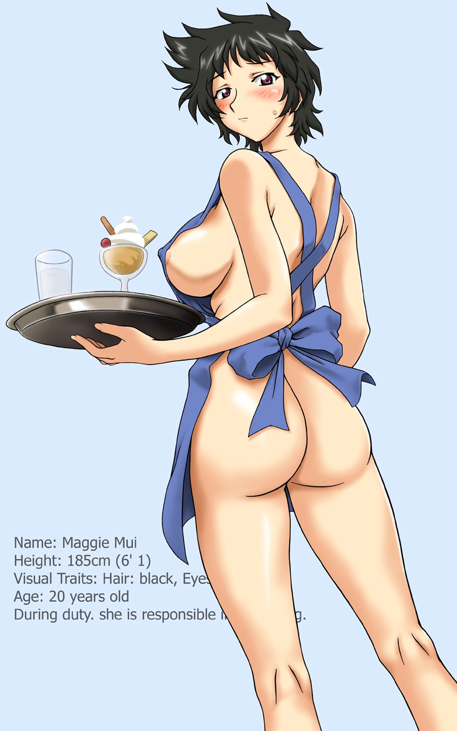 ta152 (graf zeppelin), maggie mui, r.o.d the tv, read or die, highres, 00s, 1girl, apron, areola slip, ass, black hair, blush, breasts, character profile, covered erect nipples, cup, dessert, drink, drinking glass, embarrassed, english text, female focus, food, from behind, holding, ice cream, kneepits, large breasts, legs, looking back, messy hair, naked apron, purple eyes, short hair, sideboob, simple background, solo, standing, sweatdrop, tray, waitress