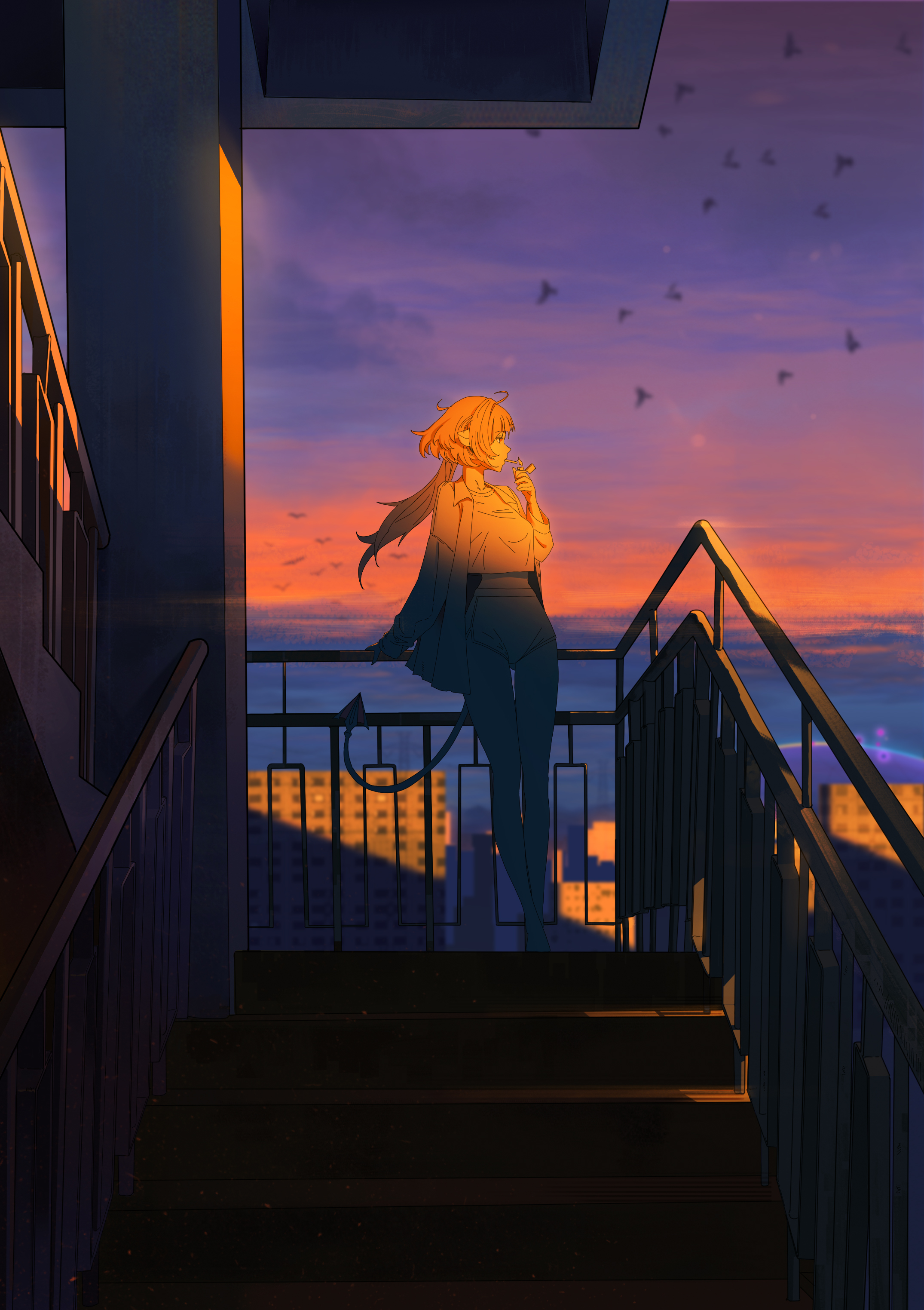 midfinger, jane doe (zenless zone zero), zenless zone zero, absurdres, commentary request, highres, 1girl, against railing, animal ears, bird, black bird, building, cigarette, crop top, crop top overhang, dolphin shorts, full body, holding, holding lighter, hollow (zenless zone zero), lighter, lighting cigarette, long hair, long tail, looking to the side, mouse ears, mouse girl, mouse tail, outdoors, purple sky, railing, sharp tail, shirt, shorts, sky, solo, stairs, tail, unbuttoned, white shirt