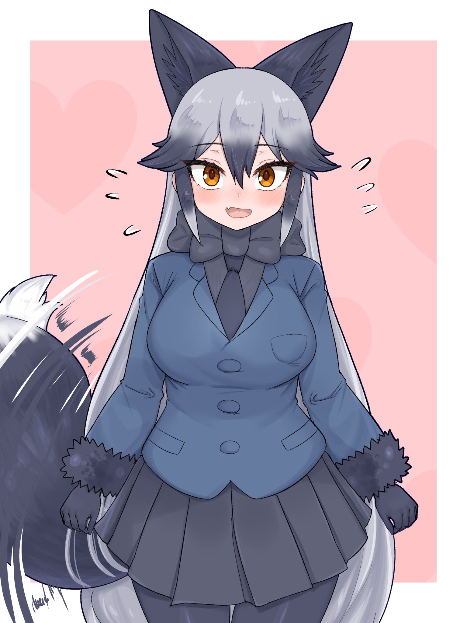 aramaru, silver fox (kemono friends), kemono friends, commentary request, highres, 1girl, animal ears, black bow, black bowtie, black gloves, black hair, blush, bow, bowtie, breasts, extra ears, flustered, fox ears, fox girl, fox tail, fur-trimmed sleeves, fur trim, gloves, grey hair, hair between eyes, jacket, large breasts, long hair, long sleeves, looking at viewer, multicolored hair, open mouth, pantyhose, skirt, tail, tail wagging