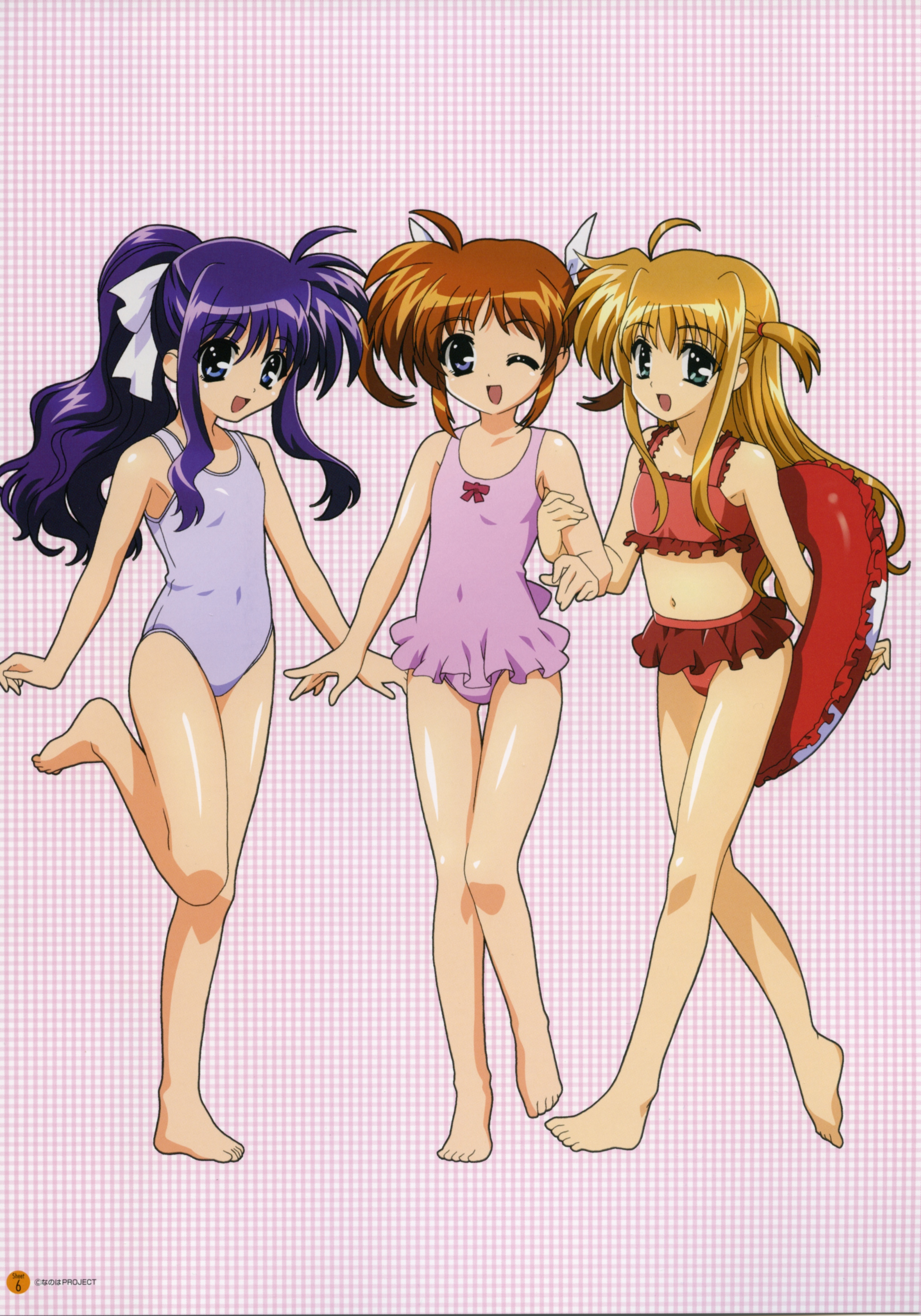 okuda yasuhiro, arisa bunnings, takamachi nanoha, tsukimura suzuka, lyrical nanoha, mahou shoujo lyrical nanoha, absurdres, highres, 00s, 3girls, barefoot, bikini, blonde hair, blue eyes, blue hair, brown hair, child, feet, flat chest, green eyes, hair ribbon, innertube, multiple girls, one eye closed, ponytail, purple eyes, ribbon, swim ring, swimsuit, twintails, wink