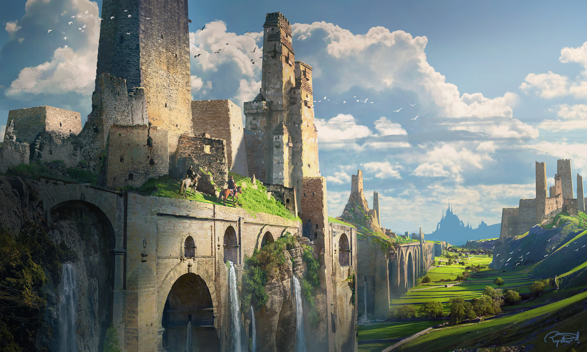 raphael-lacoste, original, commentary, english commentary, highres, animal, arch, blue sky, building, cloud, cloudy sky, day, field, horse, horseback riding, landscape, outdoors, people, photorealistic, realistic, riding, scenery, signature, simple bird, sky, tower, water, waterfall