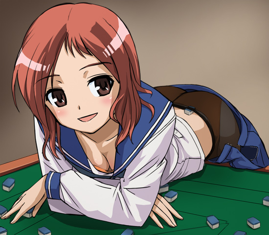 haruyama kazunori, takei hisa, saki (manga), 00s, 1girl, ass, bent over, blush, board game, breasts, brown eyes, cleavage, come hither, crotch seam, downblouse, female focus, large breasts, lying, mahjong, on stomach, panties, panties under pantyhose, pantyhose, red hair, school uniform, seductive smile, serafuku, skirt, smile, solo, underwear, undressing