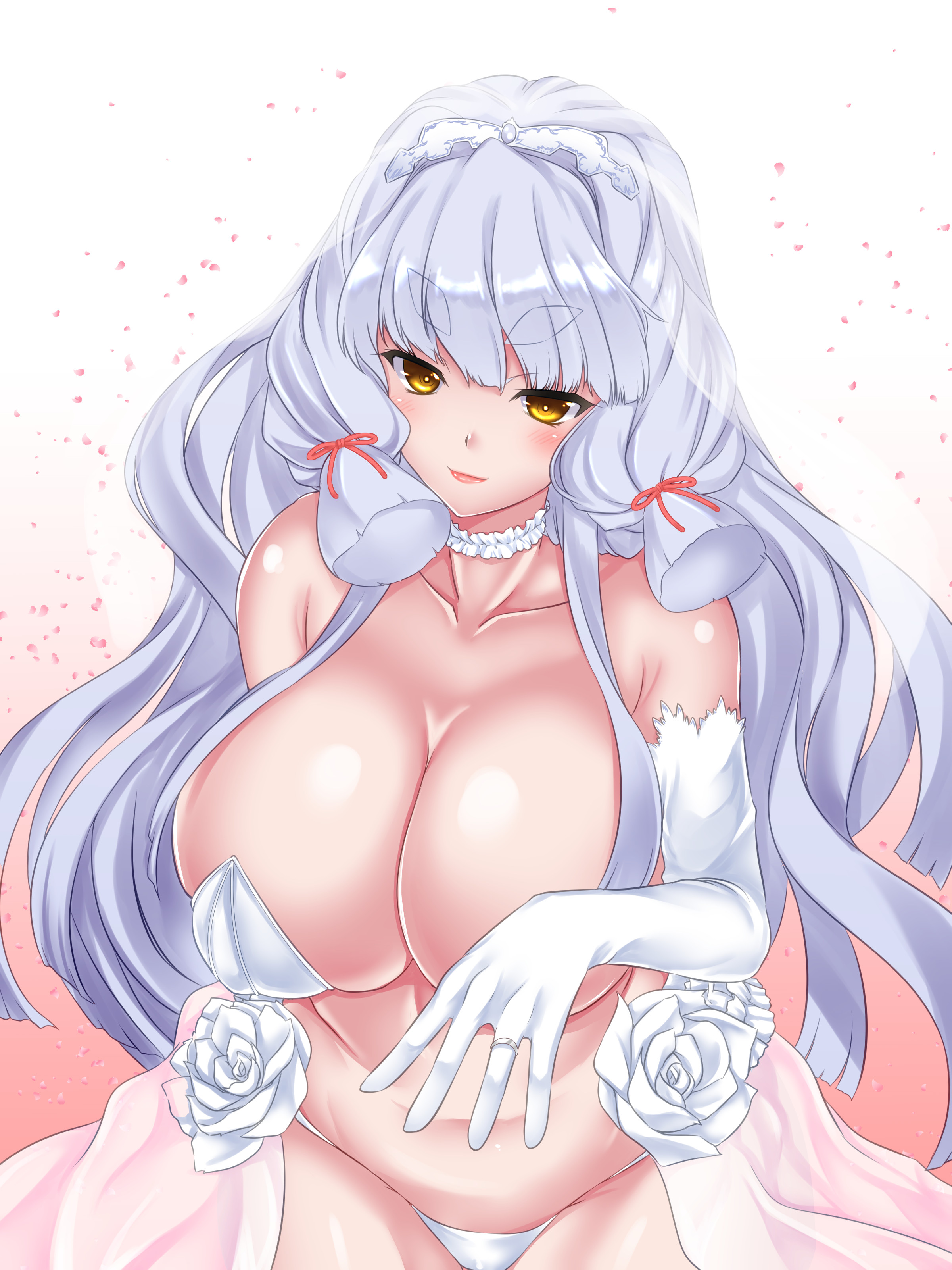 hakkai, murakumo (kancolle), murakumo kai ni (kancolle), kantai collection, absurdres, highres, 1girl, aged up, bare shoulders, blush, breasts, bridal veil, bride, choker, collarbone, covered erect nipples, dress, elbow gloves, gloves, grey hair, jewelry, large breasts, lips, long hair, looking at viewer, ring, sidelocks, smile, thick eyebrows, tiara, veil, very long hair, wedding dress, wedding ring, yellow eyes
