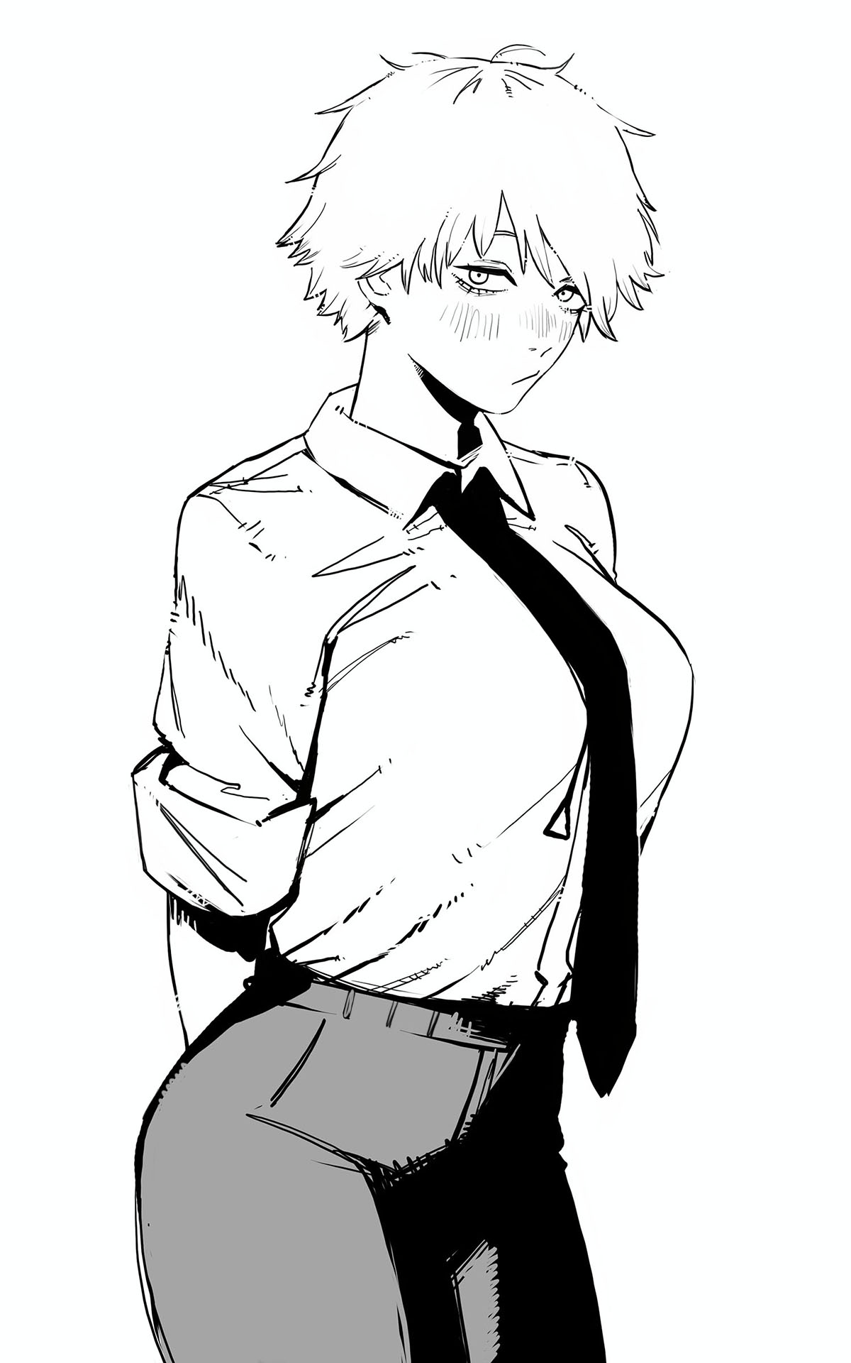 tomatoketchup96, denji (chainsaw man), chainsaw man, commentary, highres, 1girl, :/, blush, breasts, dress shirt, genderswap, genderswap (mtf), greyscale, large breasts, looking at viewer, monochrome, necktie, pants, shirt, shirt tucked in, short hair, simple background, sleeves rolled up, solo, tomboy, white background