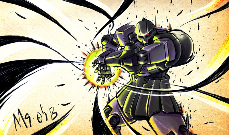 twinbell, zaku, zaku i, dragon ball, gundam, mobile suit gundam, kamehameha (dragon ball), mecha, no humans, parody, robot, solo