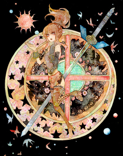 secco (pixiv), sekko (gerard no koibito), karin koenig, shadow hearts, shadow hearts ii, bad id, bad pixiv id, 1girl, :o, ankle boots, blush, boots, brown eyes, brown hair, fantasy, female focus, leg up, long hair, looking at viewer, open mouth, ponytail, solo, standing, standing on one leg, star (symbol)