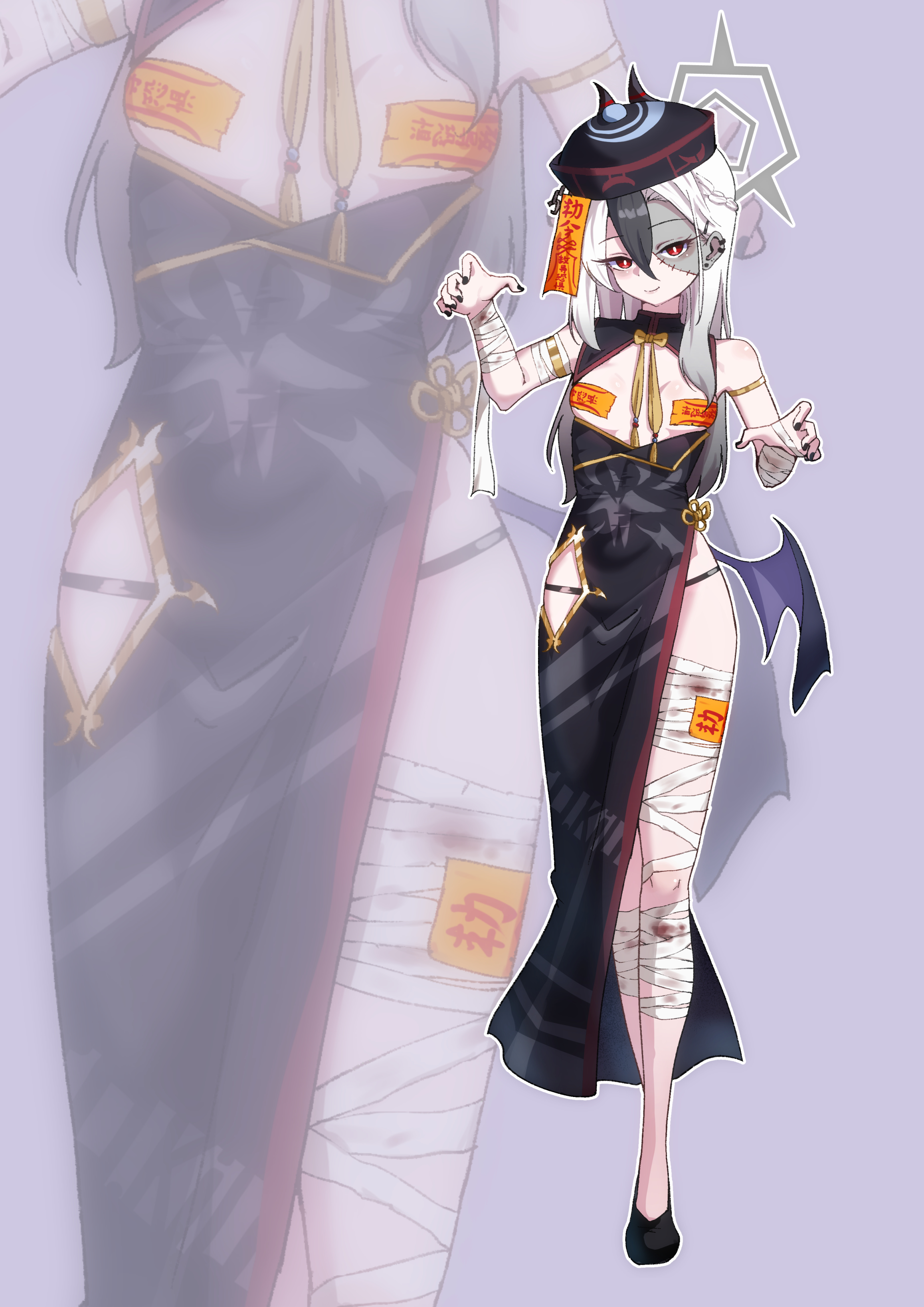 so-ko, kayoko (blue archive), blue archive, absurdres, highres, 1girl, bandaged arm, bandaged leg, bandages, black dress, black hair, black hat, black nails, black shoes, breast cutout, breasts, china dress, chinese clothes, closed mouth, demon girl, demon horns, demon wings, dress, ear piercing, earrings, grey halo, hair behind ear, hair between eyes, halo, hat, horns, jewelry, jiangshi, long hair, looking at viewer, multicolored hair, ofuda, ofuda on head, ofuda on nipples, pasties, piercing, shoes, side slit, single wing, small breasts, smile, solo, stitched face, stitches, stud earrings, two-tone hair, white hair, wings