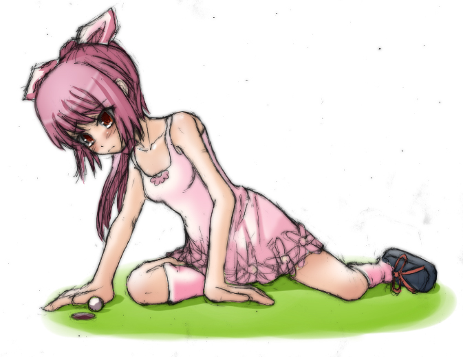 shaon (artist), hana (pangya), pangya, 1girl, ball, blush, collarbone, dress, female focus, frown, golf, golf ball, hair ornament, long hair, matching hair/eyes, outdoors, pink dress, pink eyes, pink hair, pink socks, ponytail, red eyes, ribbon, shoes, sketch, sleeveless, sleeveless dress, socks, solo, white background