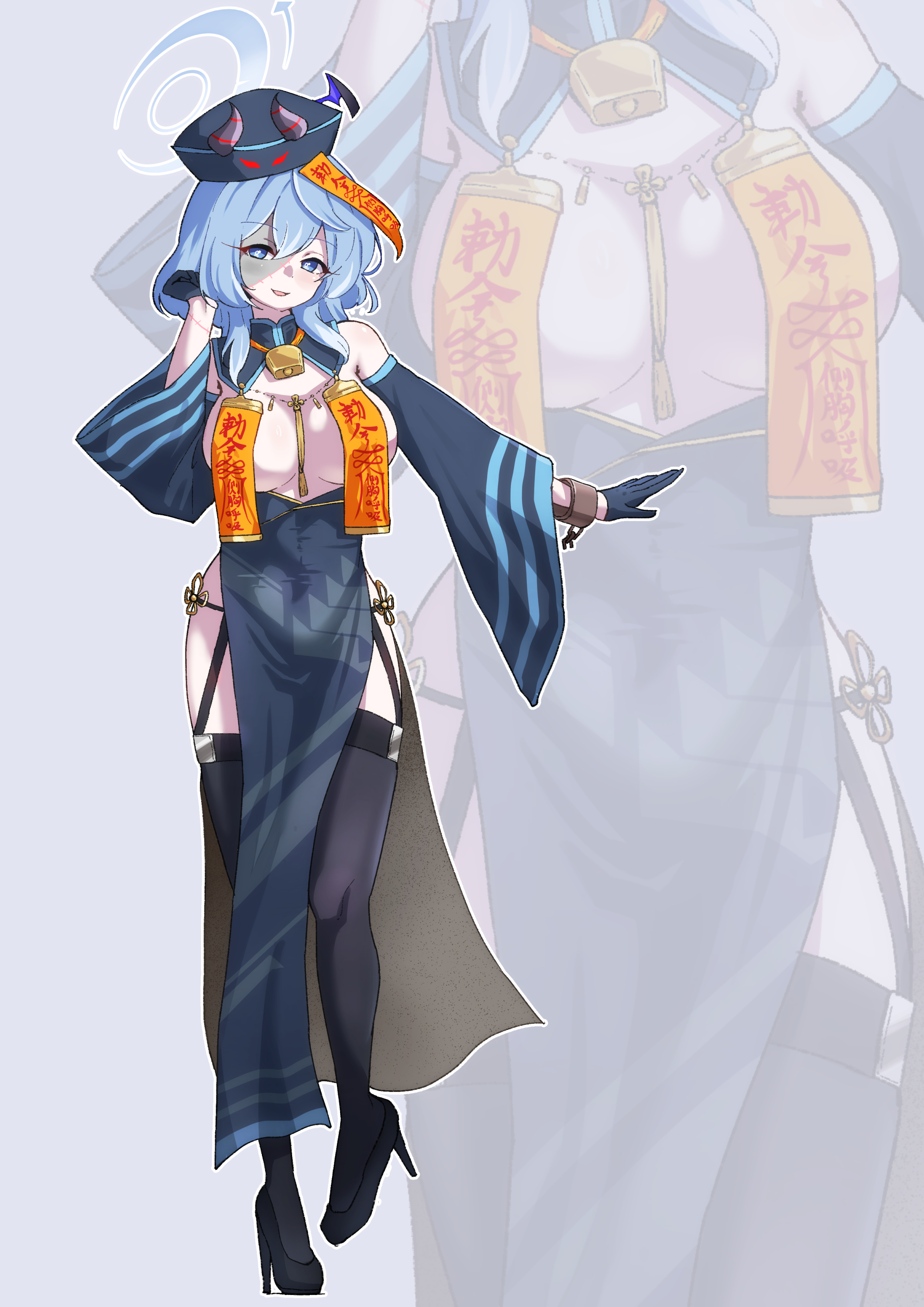 so-ko, ako (blue archive), blue archive, absurdres, highres, 1girl, alternate costume, bell, black garter straps, black hat, black shoes, black thighhighs, blue dress, blue eyes, blue gloves, blue hair, blue halo, blush, breasts, cuffs, detached sleeves, dress, garter straps, gloves, hair between eyes, halo, hand in own hair, hat, jiangshi, large breasts, long hair, long sleeves, looking at viewer, neck bell, ofuda, ofuda on head, ofuda on nipples, open mouth, pasties, pelvic curtain, shackles, shoes, sidelocks, solo, stitched face, stitches, thighhighs, zoom layer