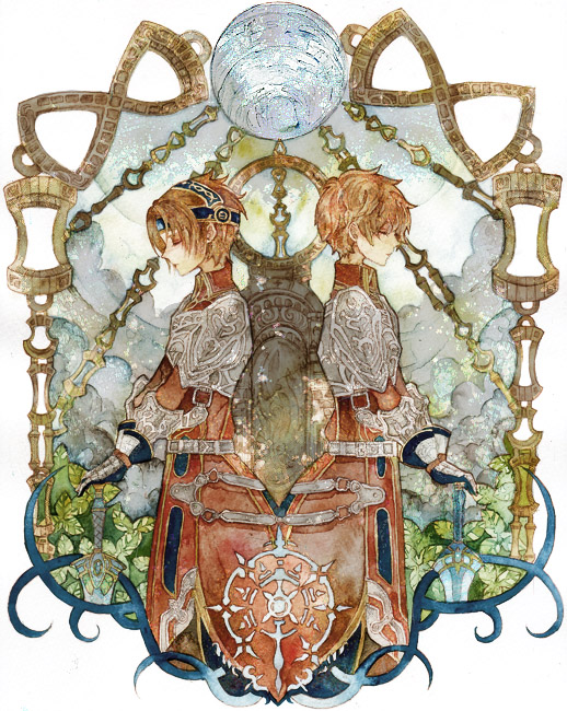 secco (pixiv), sekko (gerard no koibito), capell, sigmund (infinite undiscovery), sigmund (sword girls), infinite undiscovery, bad id, bad pixiv id, 2boys, ahoge, armor, belt, brown hair, chain, closed eyes, headgear, knight, male focus, messy hair, multiple boys, short hair, sword, weapon