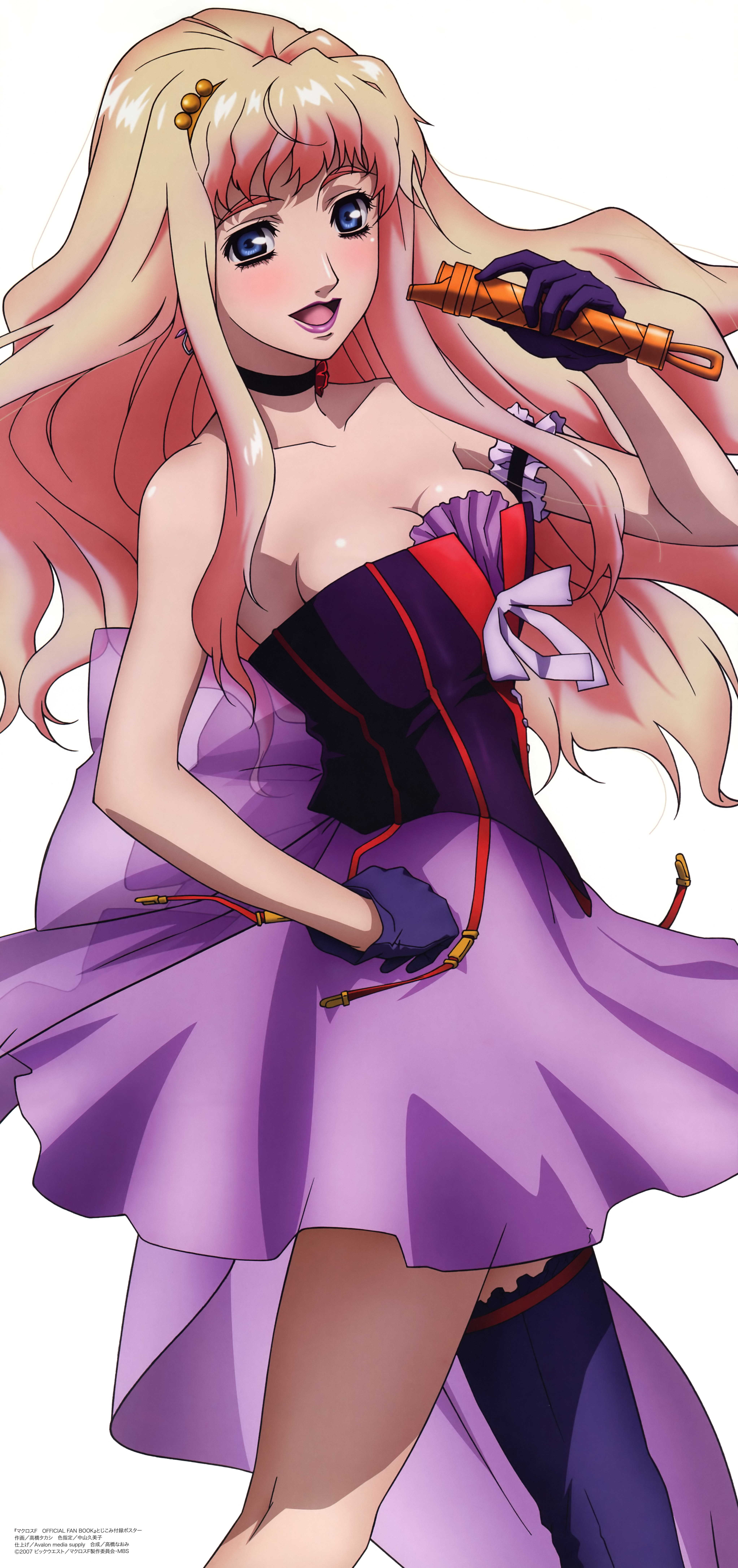 takahashi takashi, sheryl nome, macross, macross frontier, absurdres, highres, 00s, 1girl, black gloves, black thighhighs, blonde hair, blue eyes, braid, female focus, gloves, long hair, looking at viewer, microphone, music, open mouth, simple background, singing, single braid, solo, thighhighs, very long hair, white background, zettai ryouiki