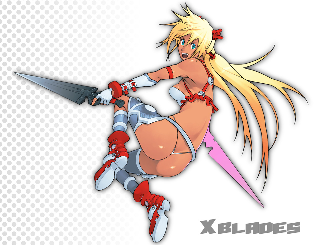 g-room honten, ayumi (x-blades), x-blades, 1girl, armpits, ass, blonde hair, blue eyes, elbow gloves, female focus, gloves, long hair, open mouth, panties, solo, sword, thong, tri tails, twintails, underwear, very long hair, weapon