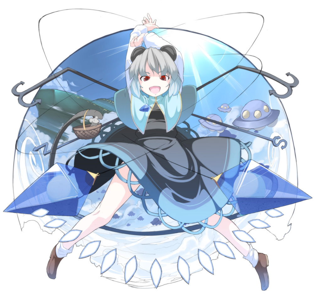 asakura masatoki, nazrin, touhou, 1girl, animal ears, basket, cloud, danmaku, female focus, full body, grey hair, jewelry, mouse (animal), mouse ears, mouse tail, outdoors, pendant, red eyes, sky, solo, tail, ufo