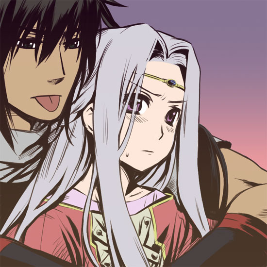 rakuto mangan, istavan spellsword, istvan, linda (guin saga), rinda farseer, guin saga, silver hair, bad id, bad pixiv id, 00s, 1boy, 1girl, annoyed, black eyes, black hair, circlet, hetero, hug, hug from behind, long hair, purple eyes, tongue