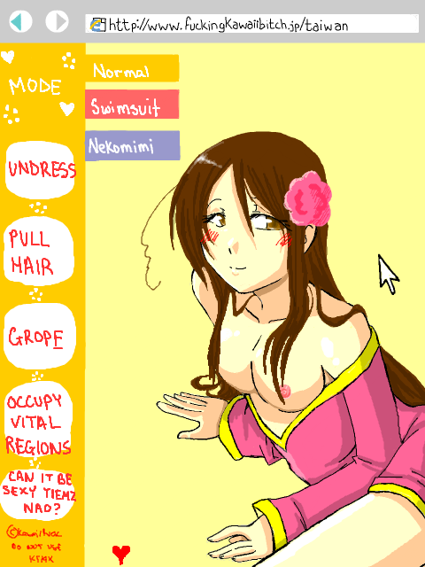 taiwan (hetalia), axis powers hetalia, bad tag, 00s, 1girl, arrow (projectile), blush, breasts, brown eyes, brown hair, female focus, flower, large breasts, long hair, nipples, oekaki, solo