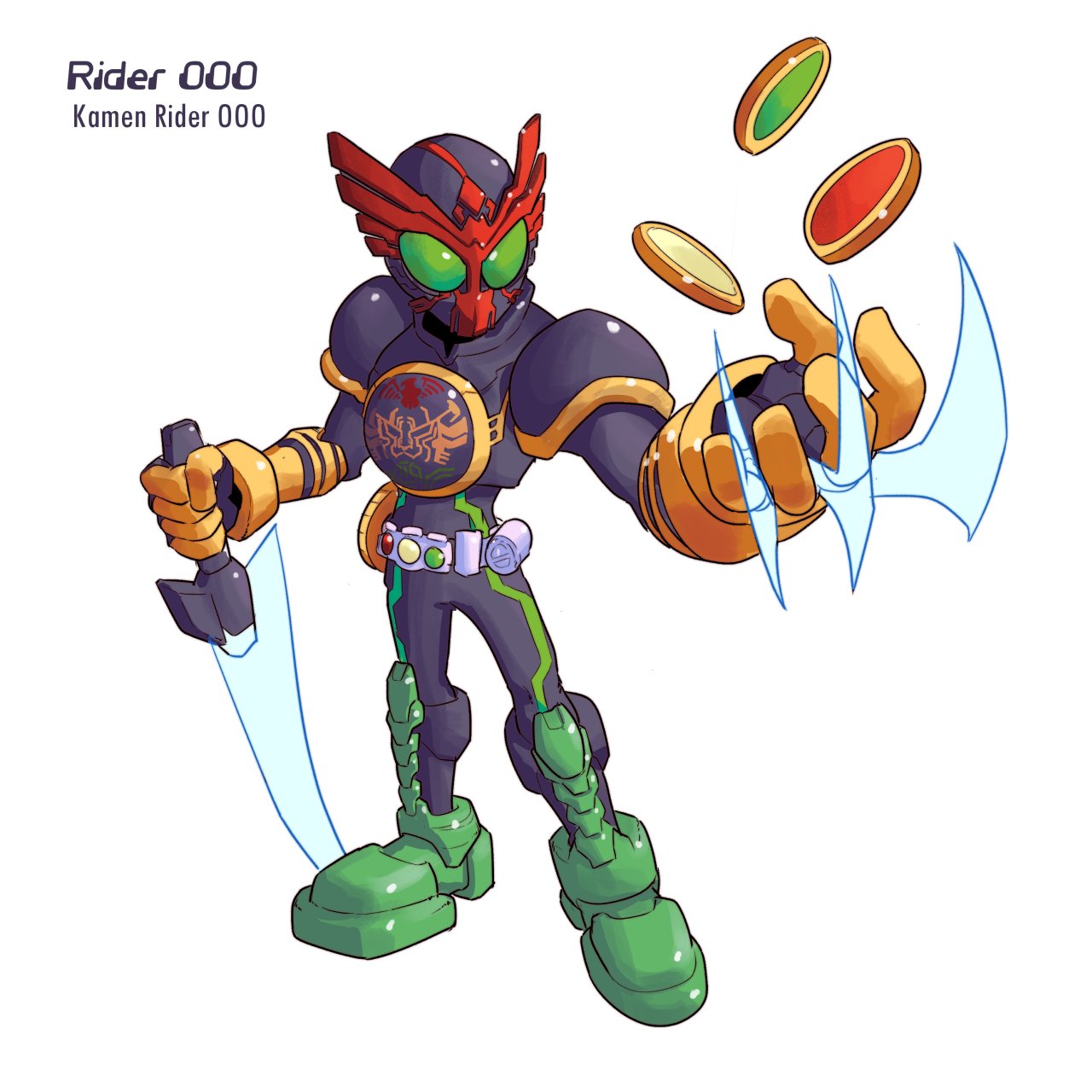 kamen rider ooo, kamen rider ooo (tatoba combo), kamen rider, kamen rider ooo (series), mega man (series), mega man zero (series), highres, 1boy, armor, black armor, black bodysuit, black helmet, bodysuit, claw (weapon), core medal, energy sword, full body, green eyes, helmet, holding, holding sword, holding weapon, karakatodzo, male focus, solo, sword, weapon