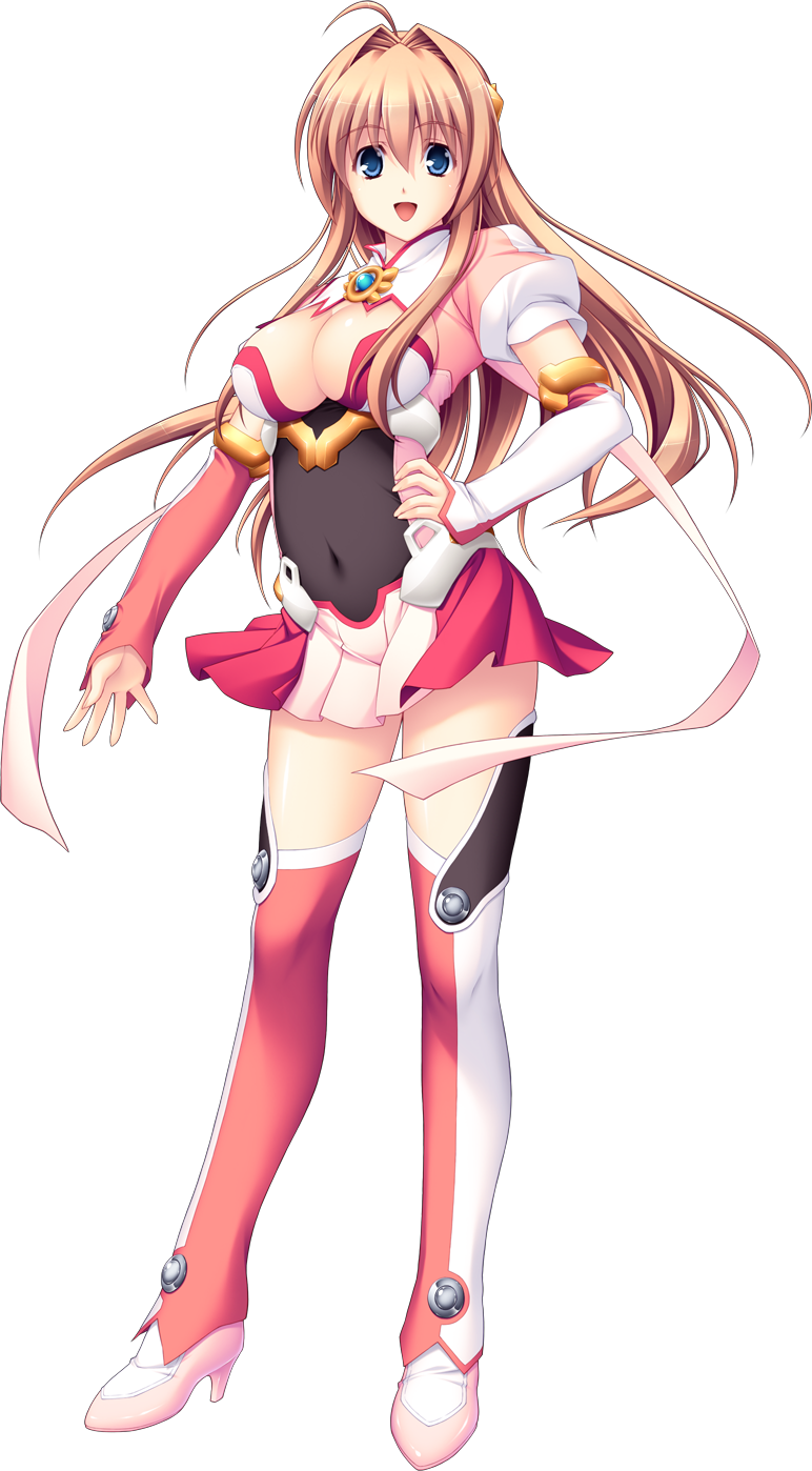 tsukumo kazuita, game cg, highres, large variant set, non-web source, official art, variant set, 1girl, :d, ahoge, angel tear, blue eyes, boots, breasts, brown hair, chest jewel, cleavage, cleavage cutout, clothing cutout, covered navel, detached sleeves, elbow gloves, full body, gloves, hair intakes, hair ornament, hand on own hip, high heels, large breasts, long hair, looking at viewer, magical girl, maishima yuri, nerawareta megami tenshi angel tear, open mouth, pleated skirt, skirt, smile, solo, standing, thigh boots, thighhighs, transparent background, zettai ryouiki