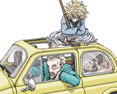 motter, askeladd, bjorn (vinland saga), thorfinn, fiat, lupin iii, vinland saga, lowres, 3boys, car, fiat 500, hat, japanese clothes, katana, left-hand drive, male focus, motor vehicle, multiple boys, oekaki, on car, parody, sheath, sword, weapon