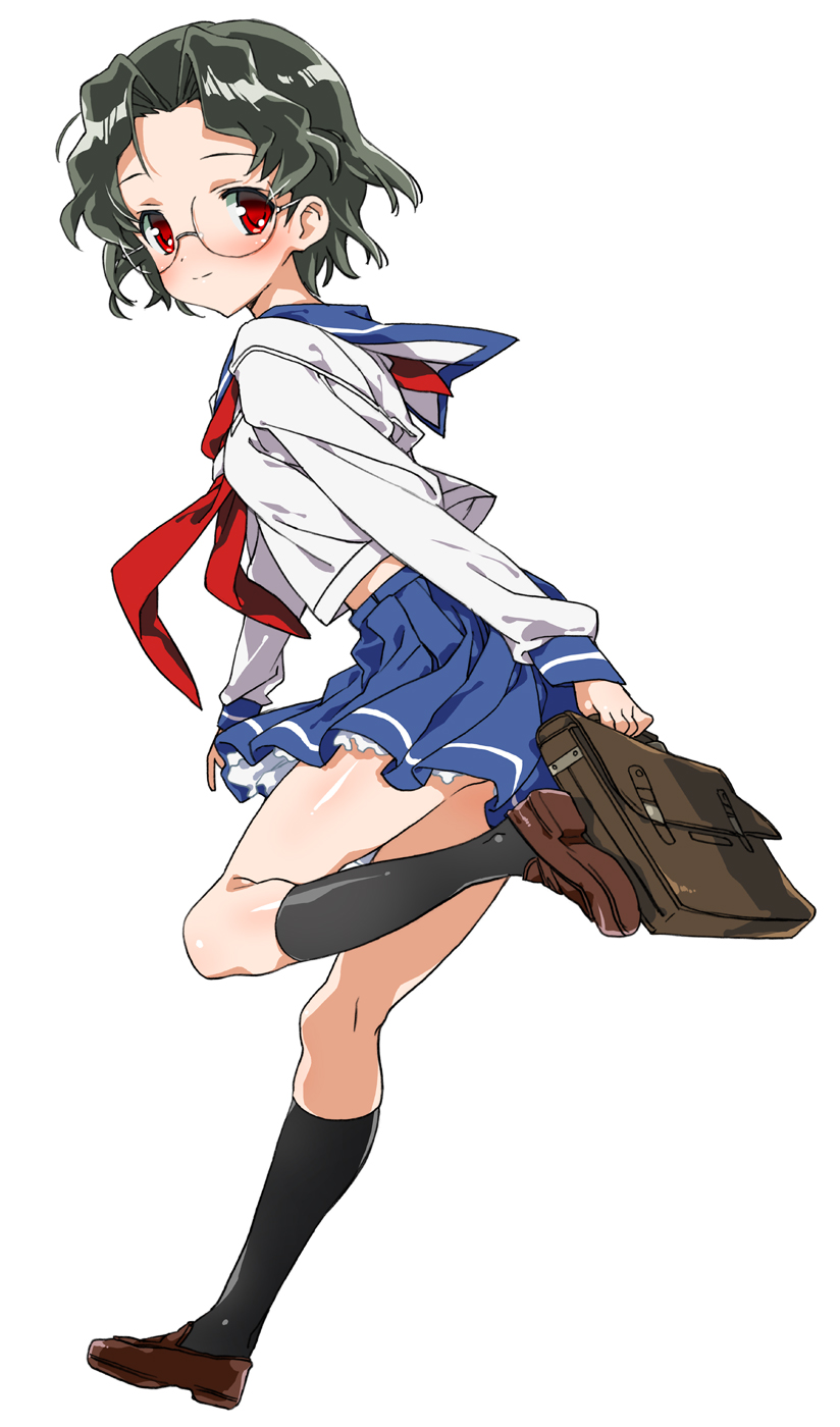 kasuga souichi, someya mako, saki (manga), bad id, bad pixiv id, highres, 00s, bag, blush, bow, glasses, green hair, looking back, red eyes, school bag, school uniform, serafuku, short hair, simple background, skirt, smile, solo