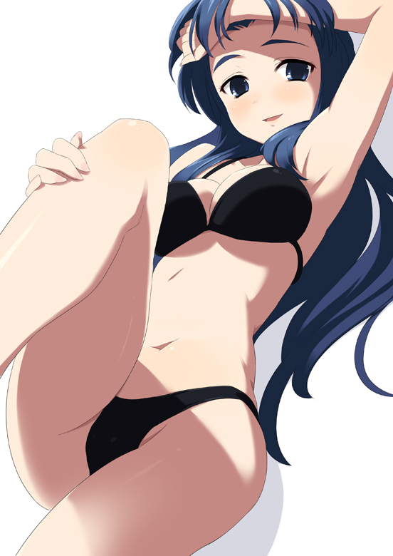 oryo (oryo04), asakura ryoko, suzumiya haruhi no yuuutsu, eyebrows, bad id, bad pixiv id, 00s, 1girl, armpits, bikini, black bikini, blue eyes, blue hair, breasts, female focus, leg lift, long hair, lying, matching hair/eyes, navel, on back, smile, solo, swimsuit