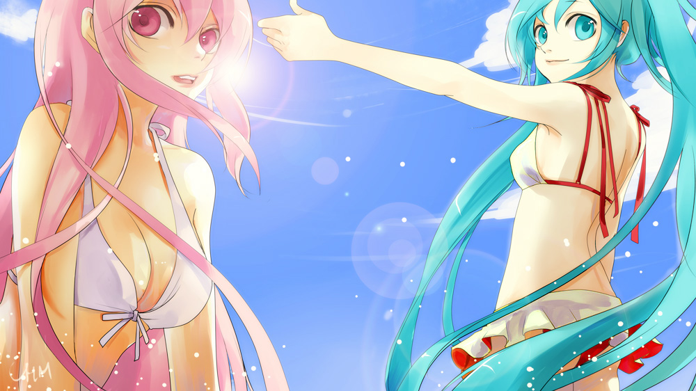 chm, hatsune miku, megurine luka, vocaloid, bad id, bad pixiv id, 2girls, aqua eyes, aqua hair, bikini, day, front-tie top, lens flare, long hair, midriff, multiple girls, pink eyes, pink hair, skirt, sky, smile, sun, swimsuit, twintails