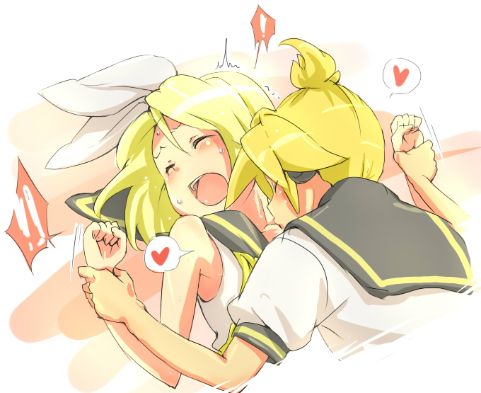 ma (2ql), kagamine len, kagamine rin, vocaloid, arm grab, bad id, bad pixiv id, !, 1boy, 1girl, blonde hair, brother and sister, hair ribbon, heart, hetero, incest, kiss, lying, open mouth, ribbon, short hair, siblings, surprised, twincest, twins