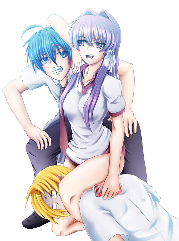 kazuna, fujibayashi kyou, okazaki tomoya, sunohara youhei, clannad, bad id, bad pixiv id, 00s, 1girl, 2boys, bad anatomy, blonde hair, blue eyes, blue hair, buruma, can, gym uniform, multiple boys, poorly drawn, purple eyes, purple hair, school uniform, short hair, teeth