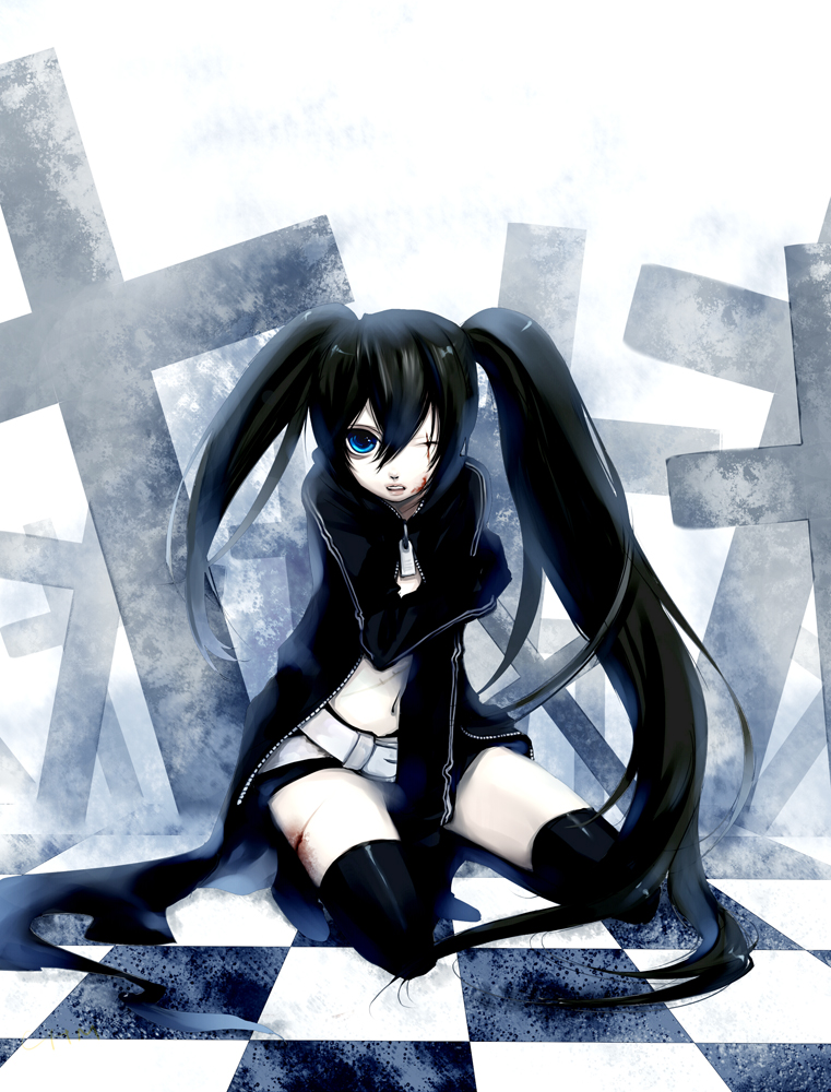 chm, black rock shooter (character), black rock shooter, vocaloid, bad id, bad pixiv id, 10s, 1girl, belt, black hair, blue eyes, boots, cape, checkered floor, cross, female focus, gloves, injury, kneeling, long hair, midriff, navel, scar, shorts, solo, thigh boots, thighhighs, twintails
