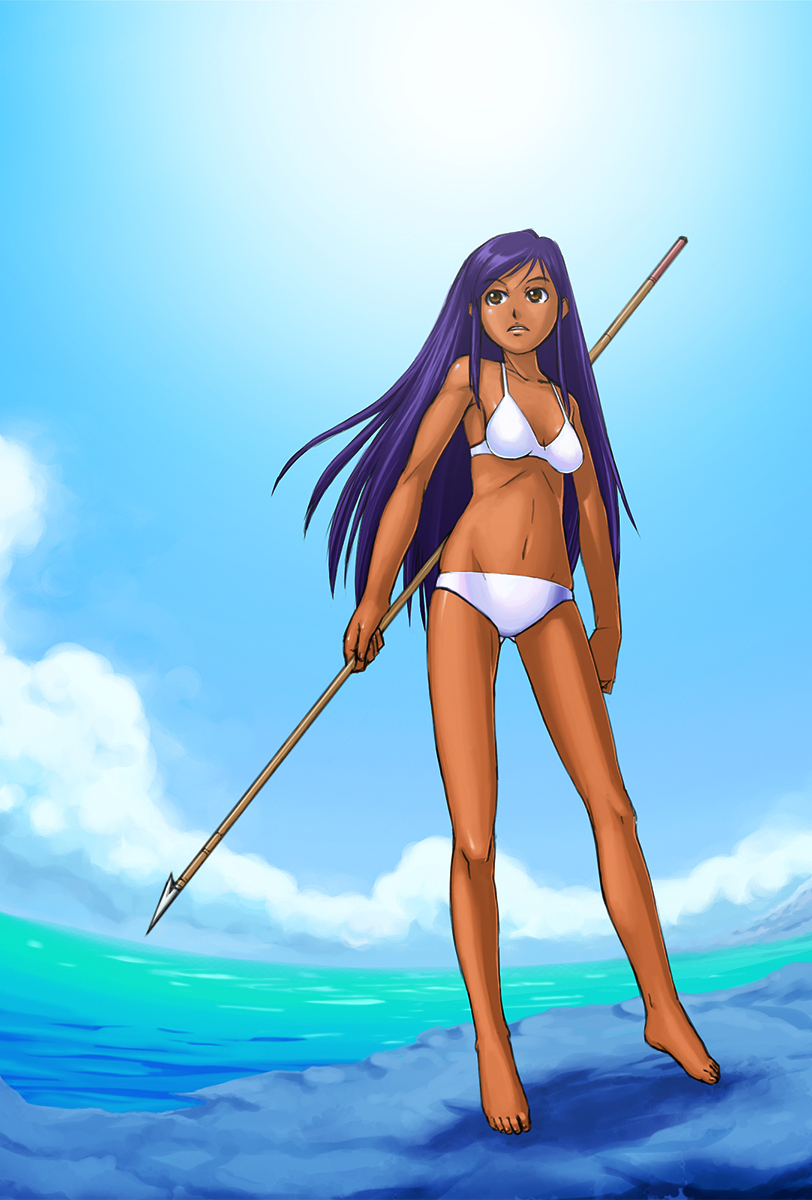 seena (algadot), original, highres, 1girl, barefoot, bikini, blue hair, brown eyes, dark-skinned female, dark skin, day, feet, female focus, from below, long hair, ocean, polearm, rock, shore, solo, spear, swimsuit, water, weapon, white bikini