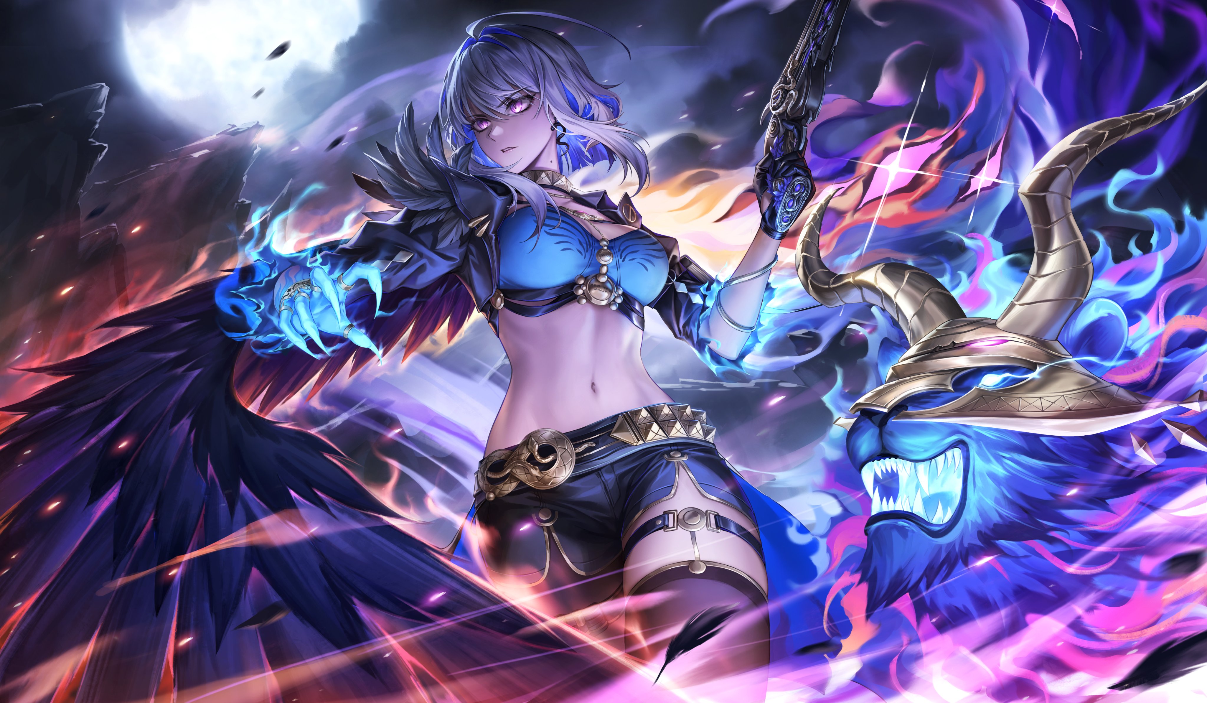 bantish, galbrena (wuthering waves), wuthering waves, absurdres, commentary request, highres, 1girl, asymmetrical wings, black gloves, black jacket, black pantyhose, black shorts, black thighhighs, black wings, blue bra, blue hair, blue nails, bra, breasts, chimera (wuthering waves), colored inner hair, cropped jacket, earrings, feathered wings, gloves, gold choker, grey hair, gun, hair between eyes, holding, holding gun, holding weapon, jacket, jewelry, looking to the side, medium breasts, medium hair, mismatched wings, mole, mole on neck, multicolored hair, mutation, navel, pantyhose, parted lips, purple eyes, shorts, single glove, single leg pantyhose, single thighhigh, stomach, tacet discord (wuthering waves), thigh strap, thighhighs, thighs, underwear, very long fingernails, weapon, wings