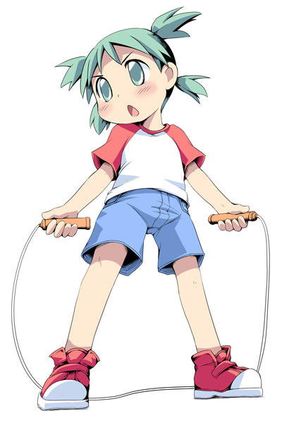 ham (points), koiwai yotsuba, yotsubato!, blush, child, green eyes, green hair, holding, holding jump rope, jump rope, loli, open mouth, quad tails, raglan sleeves, shorts, solo