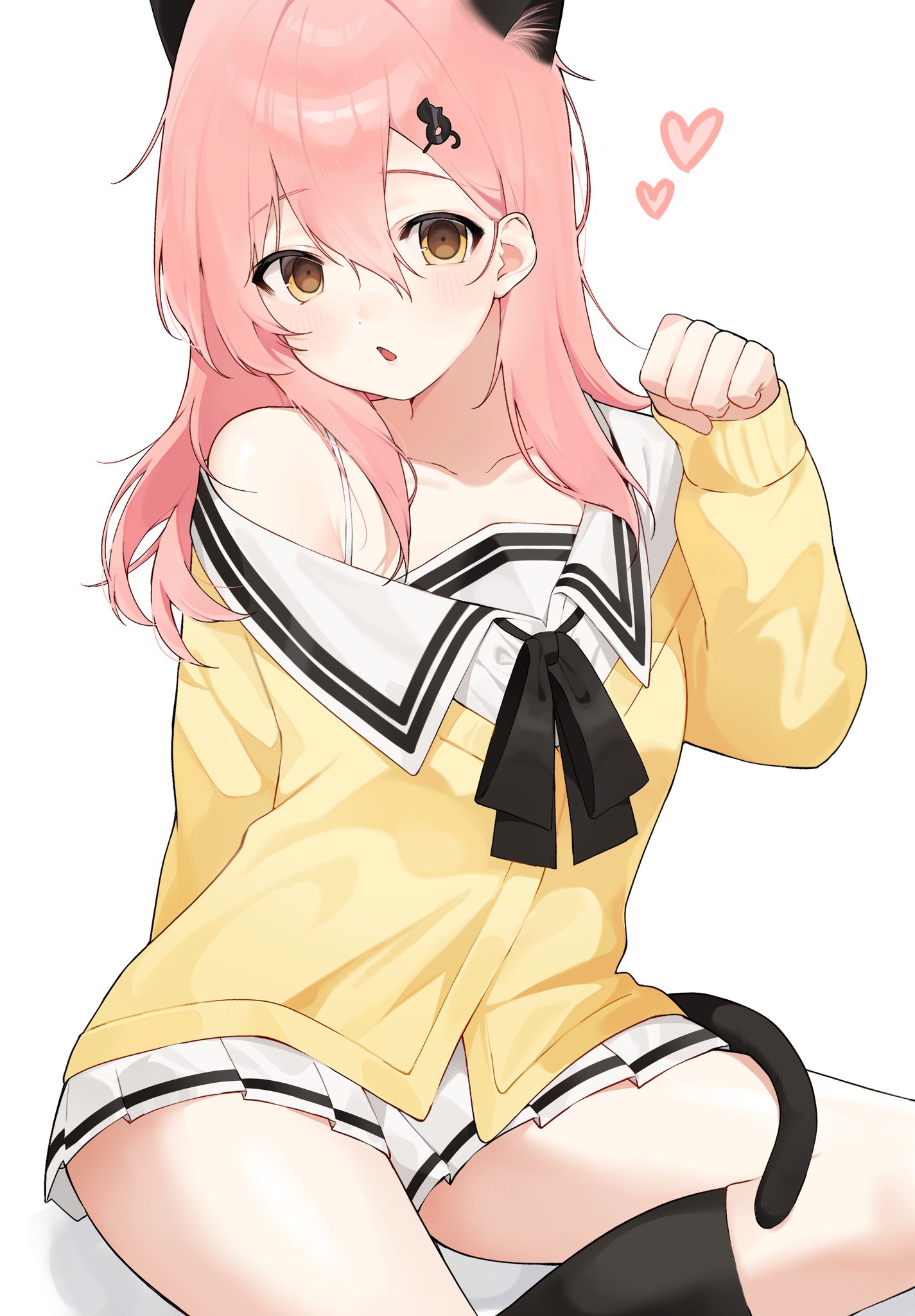 taro (303 taroo), mukou aoi (totono), kimi to kanojo to kanojo no koi., commentary request, hashtag-only commentary, highres, 1girl, animal ear fluff, animal ears, bare shoulders, black ribbon, black socks, blush, bra strap, brown eyes, cardigan, cat ears, cat girl, cat hair ornament, cat tail, feet out of frame, hair between eyes, hair ornament, hairclip, heart, kemonomimi mode, long hair, looking at viewer, off-shoulder cardigan, open mouth, pink hair, pleated skirt, ribbon, sailor collar, school uniform, skirt, socks, solo, tail, white sailor collar, white skirt, yellow cardigan